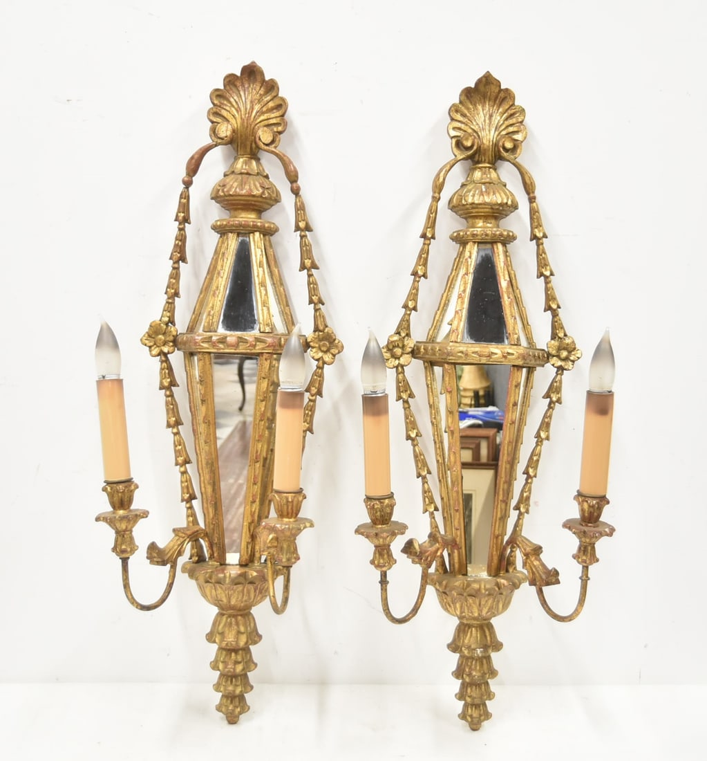 (Pr) FRENCH STYLE GILTWOOD MIRRORED SCONCES: PAIR FRENCH LXVI STYLE GILTWOOD MIRRORED 2-CANDLE WALL SCONCES WITH SHELL CARTOUCHE - 15" x 8" x 34"