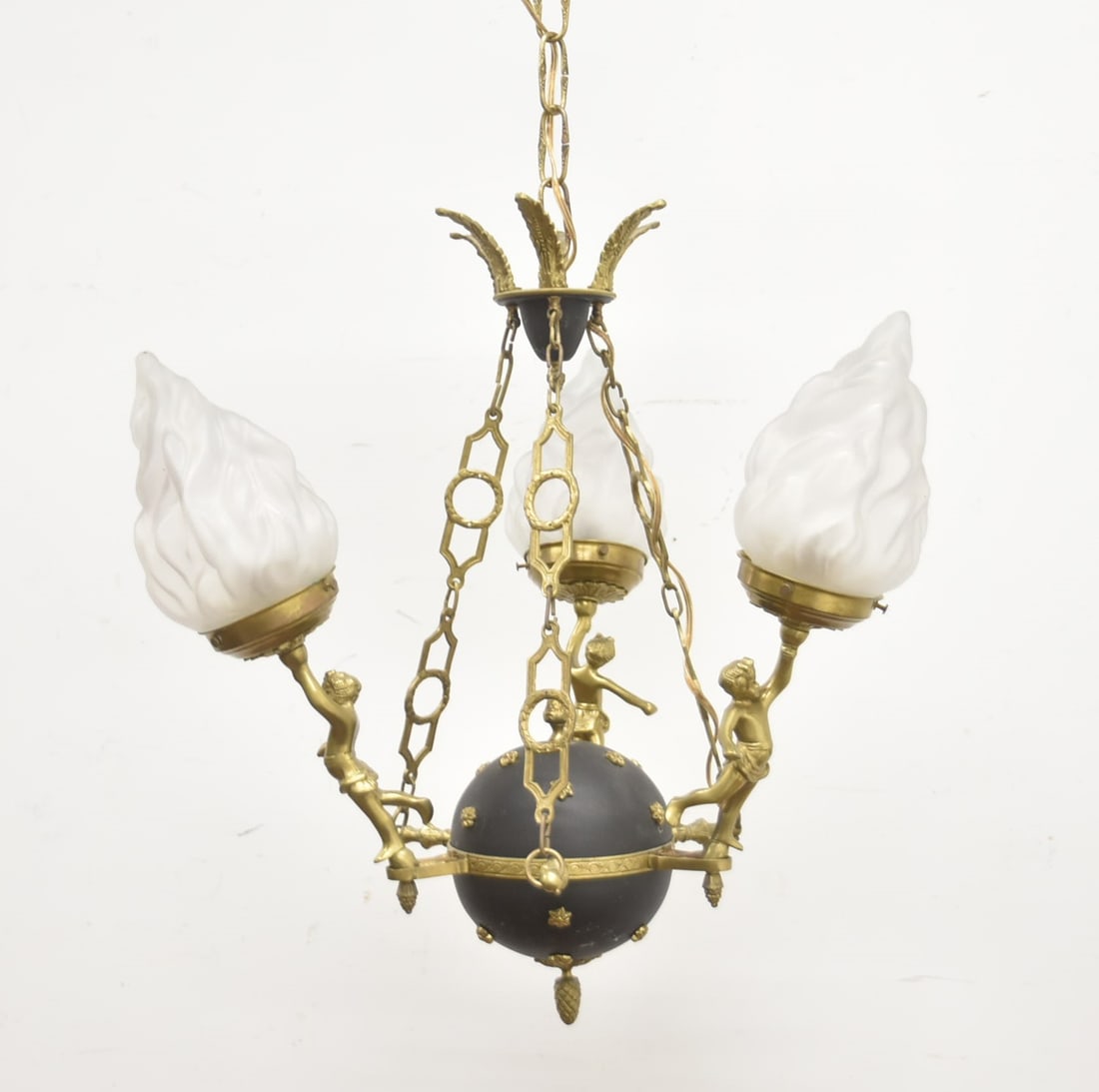 2-TONE FRENCH EMPIRE STYLE PUTTI CHANDELIER: FRENCH EMPIRE STYLE 2-TONE PATINATED & GILT CHANDELIER WITH FIGURES HOLDING FROSTED FLAME SHADE WITH ACORN FINIAL - 18" x 21" WITHOUT CHAIN