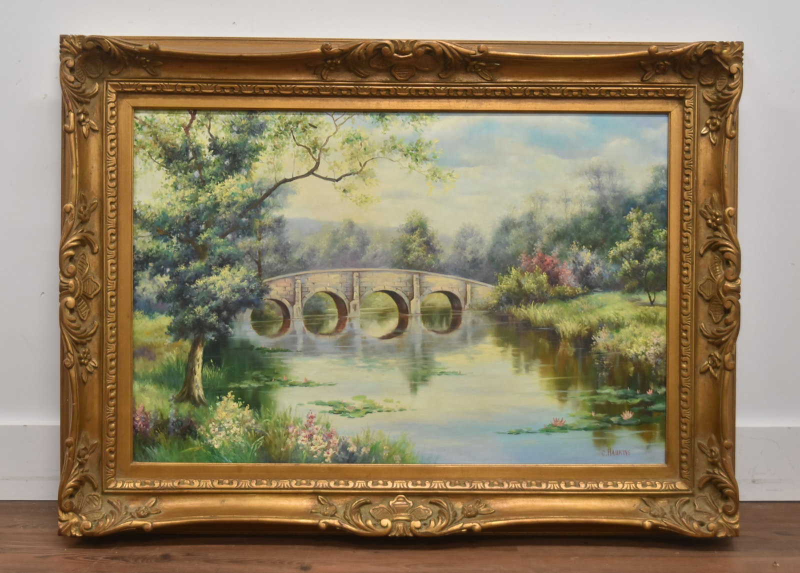 OIL ON CANVAS BRIDGE OVER RIVER LANDSCAPE (1 of 9)