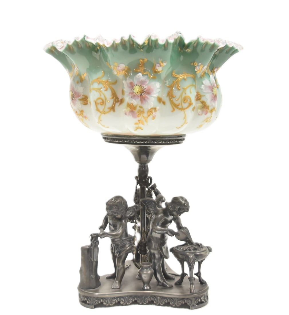 LARGE VICTORIAN MT WASHINGTON BRIDES BASKET: VICTORIAN MT WASHINGTON GLASS BRIDES BOWL GREEN & PINK CASED RUFFLED GLASS BOWL WITH HEAVY GOLD & FLOWER DECORATIONS RAISED ON FINE SOUTHINGTON & Co SILVER PLATE FIGURAL BASE WITH CHERUBS MODELED AS B
