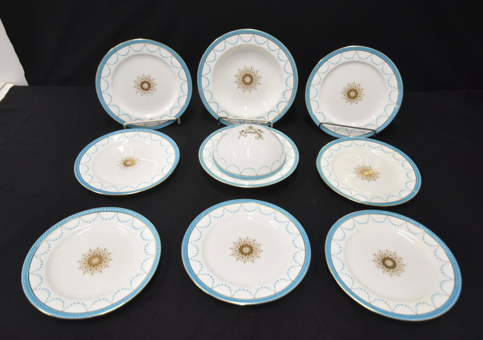 (9) MINTON ENGLAND CHINA PLATES & DISH: (7) MINTON ENGLAND CHINA PLATES WITH GOLD MEDALLIONS & BORDER WITH BLUE ENAMEL JEWELS - 8 3/4" ; MATCHING COVERED BUTTER DISH - 8 3/4" x 5" , MINTON CHINA SOUP BOWL - 9 1/2" D