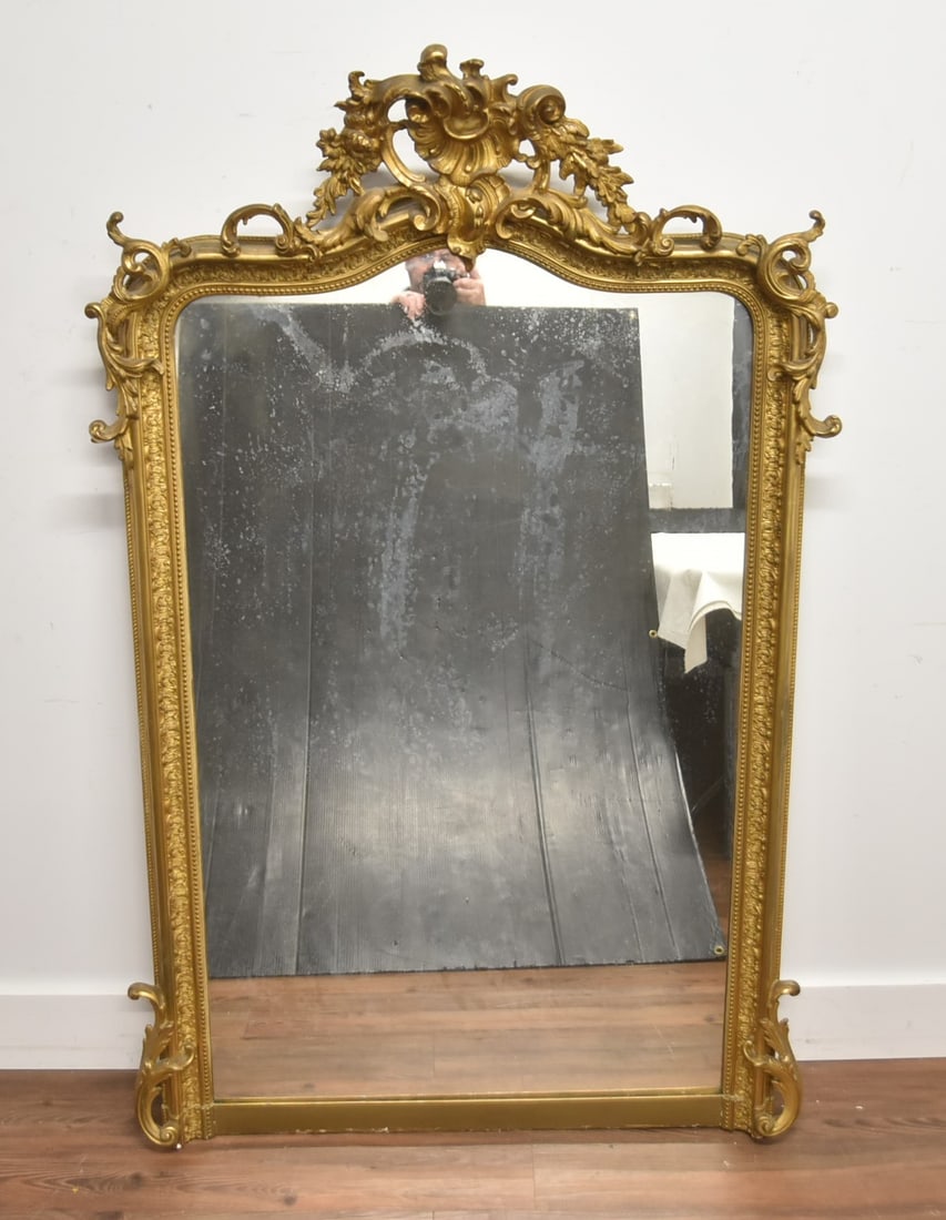 FRENCH LXV CARVED GILT PIER MIRROR: ANTIQUE FRENCH LXV GILT GESSO OVER WOOD PIER MIRROR - 38" x 60"