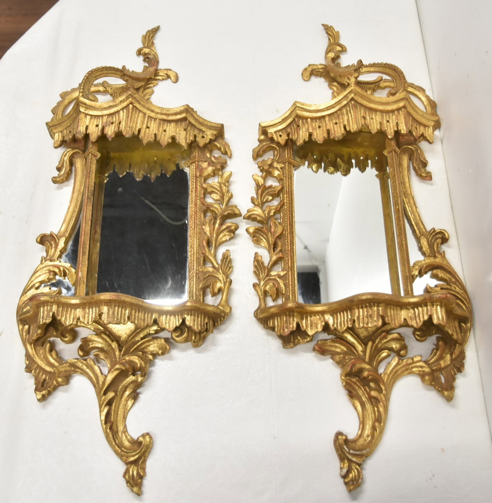 (Pr) VENETIAN CHINESE CHIPPENDALE MIRRORS: (Pr) ITALIAN CARVED GILTWOOD CHINESE CHIPPENDALE STYLE WALL MIRRORS - 14" x 4" x 37" (SOME MINOR LOSS & REPAIR)