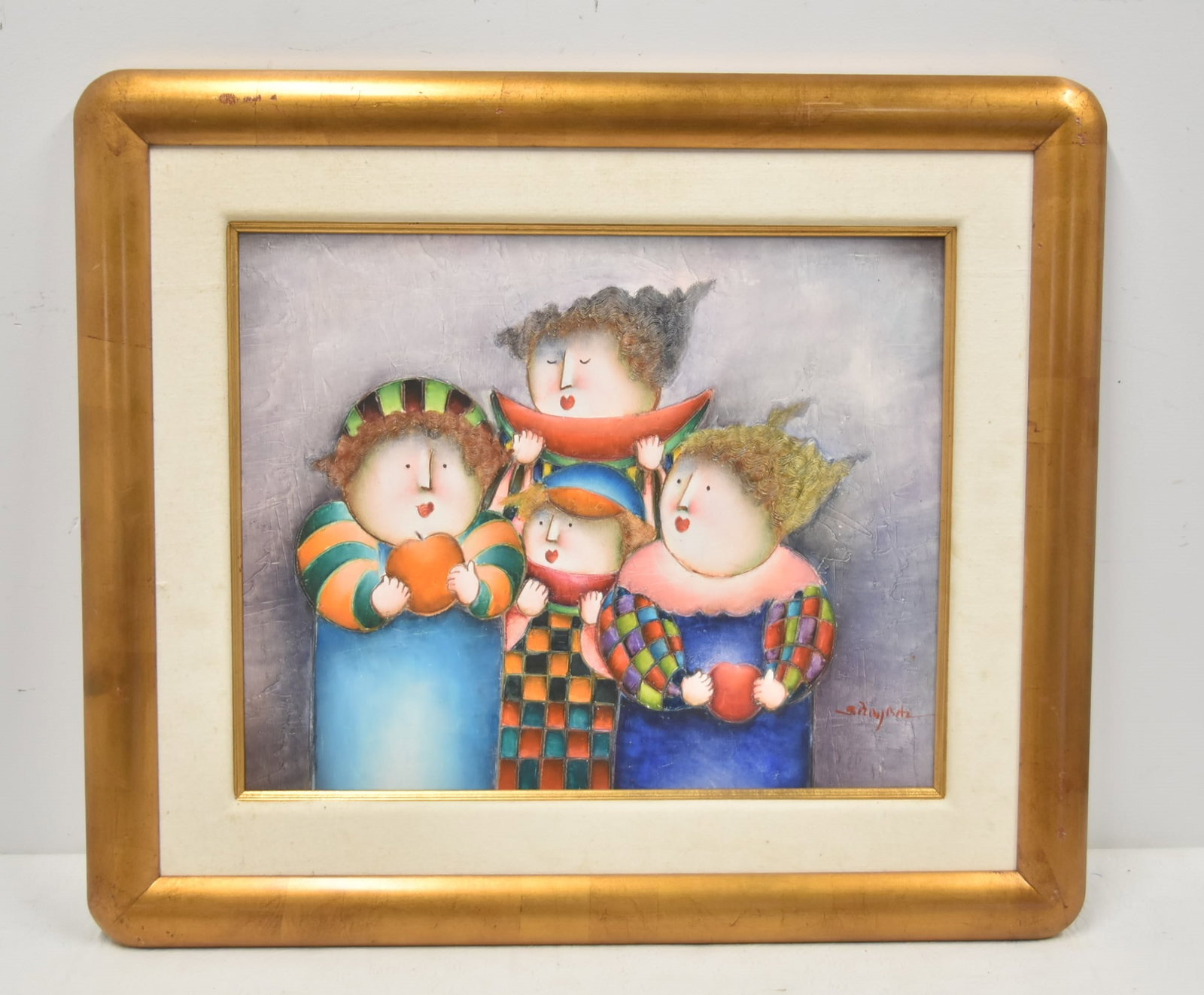 JOYCE ROYBAL , OIL ON CANVAS WHIMSICAL CHILDREN: JOYCE ROBAL (B. 1955) OIL ON CANVAS WHIMSICIAL CHILDREN EATING FRUIT , SIGNED J ROYBAL , LOWER RIGHT OIL SIZE 20" x 16" ; OVERALL IS 28" x 24"