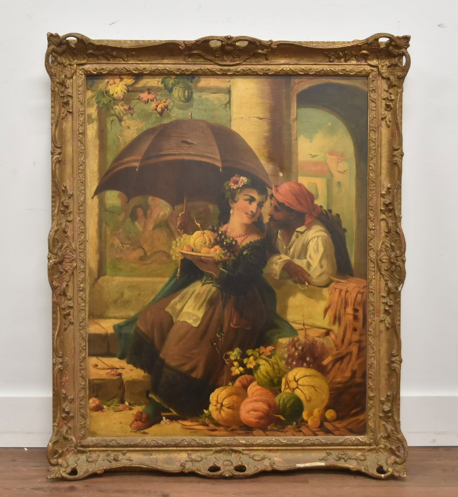 AFTER ROBERT KEMM " THE SPANISH FRUIT SELLER": AFTER ROBERT KEMM THE SPANISH FRUIT SELLER PRINT ON CANVAS - 28" x 36" ; OVERALL IN GILT FRAME - 34" x 42"