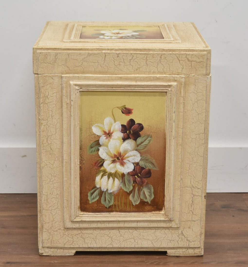 DECORATIVE STORAGE BOX WITH FLOWERS: DECORATIVE STORAGE BOX WITH FLORAL MEDALLIONS - 16" x 16" x 20"