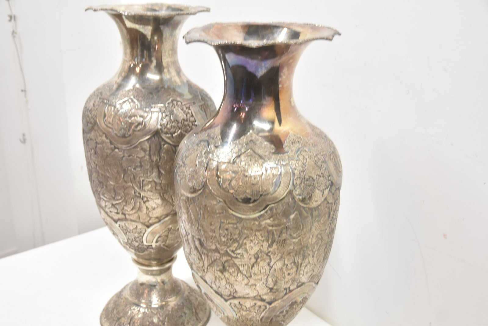 PAIR PALATIAL PERSIAN SILVER REPOUSSE VASES - 10