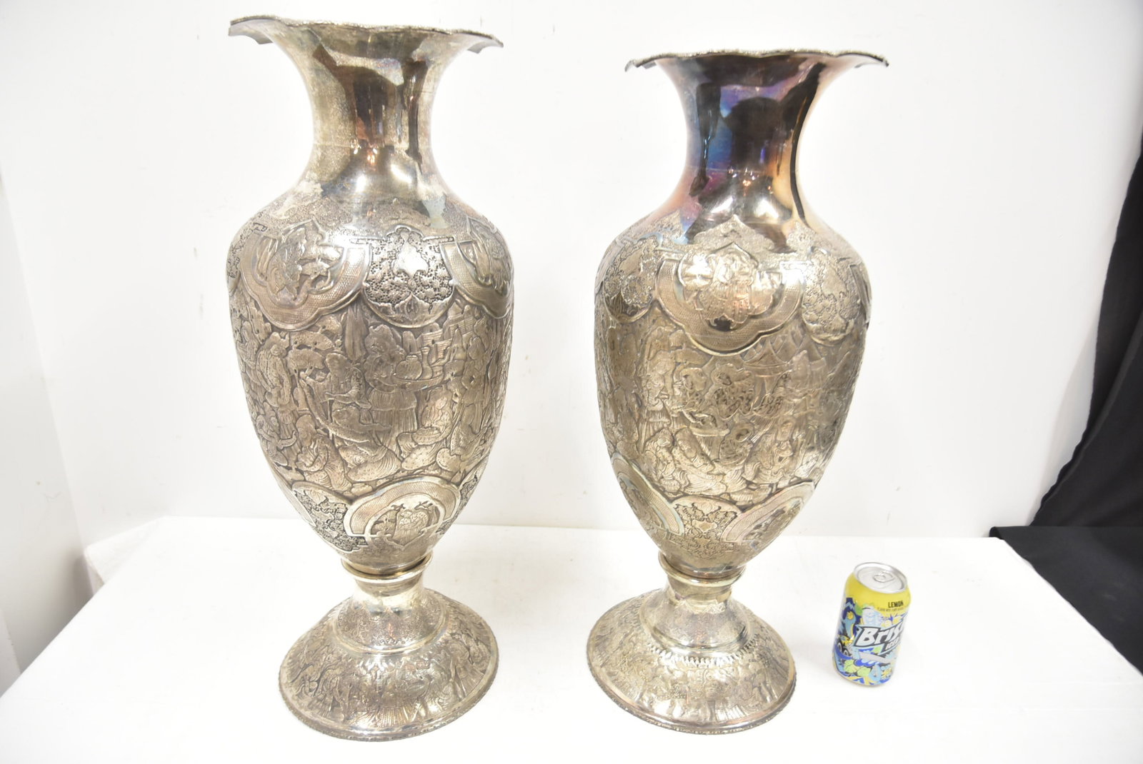 PAIR PALATIAL PERSIAN SILVER REPOUSSE VASES - 12