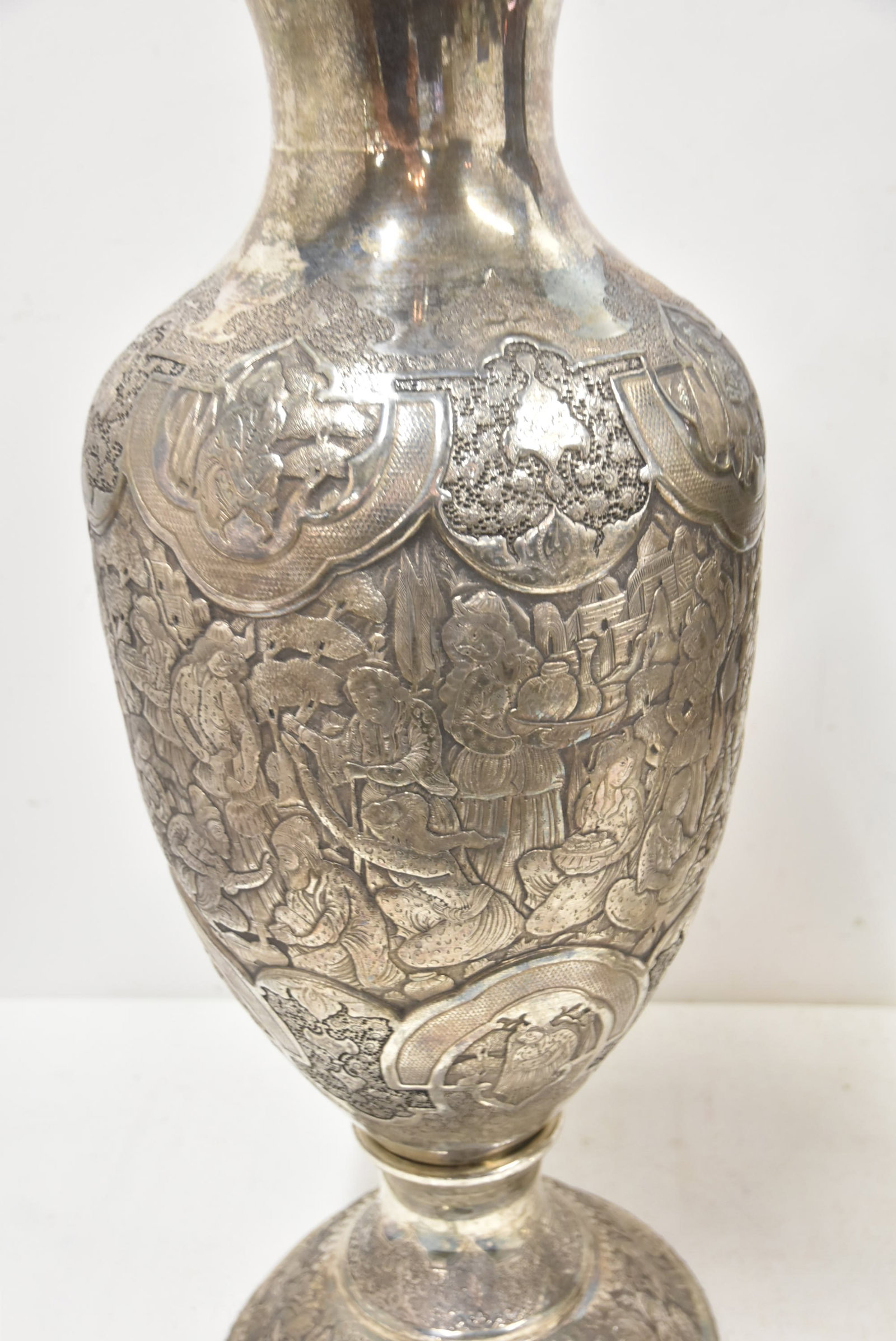 PAIR PALATIAL PERSIAN SILVER REPOUSSE VASES - 13
