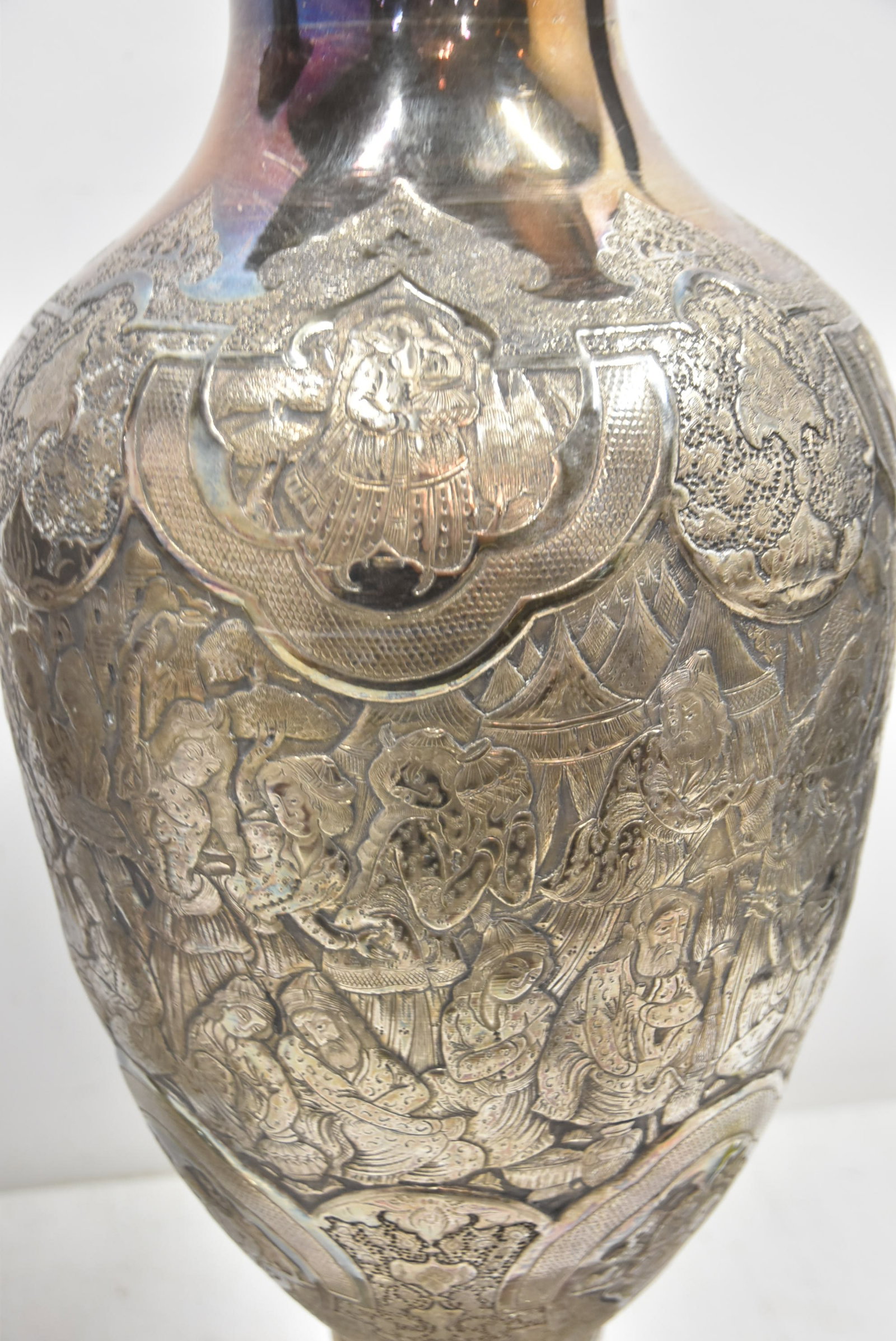 PAIR PALATIAL PERSIAN SILVER REPOUSSE VASES - 14