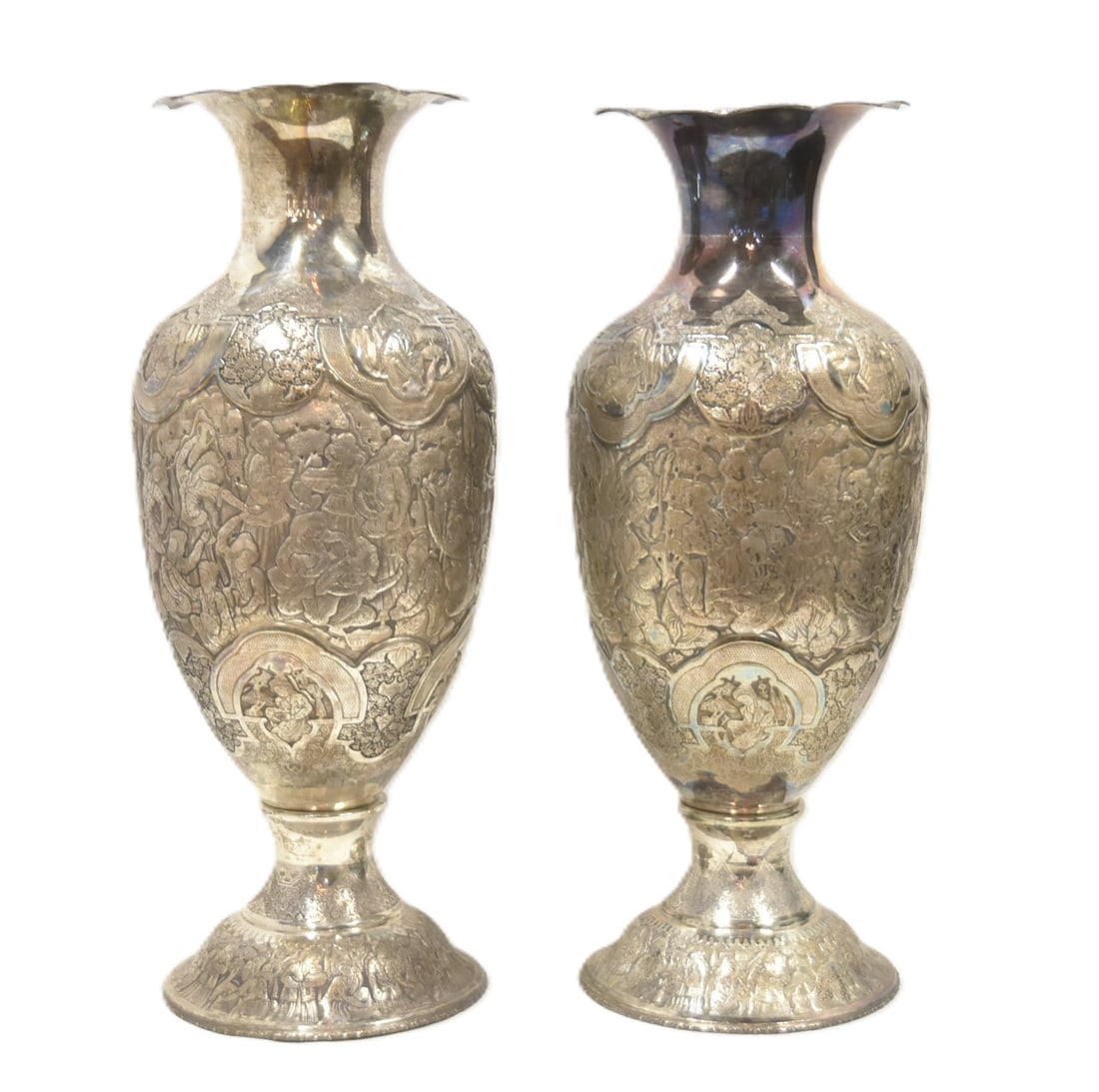 PAIR PALATIAL PERSIAN SILVER REPOUSSE VASES: (Pr) PALATIAL PERSIAN SILVER REPOUSSE VASES WITH RAISED RELIEF FIGURAL SCENES DEPICTING MUSICIANS PLAYING INSTRUMENTS WITH WOMEN DANCING & ENGRAVED FIGURES - 9" x 24" ONE IS 134ozt ; 4167 GRAMS 131ozt