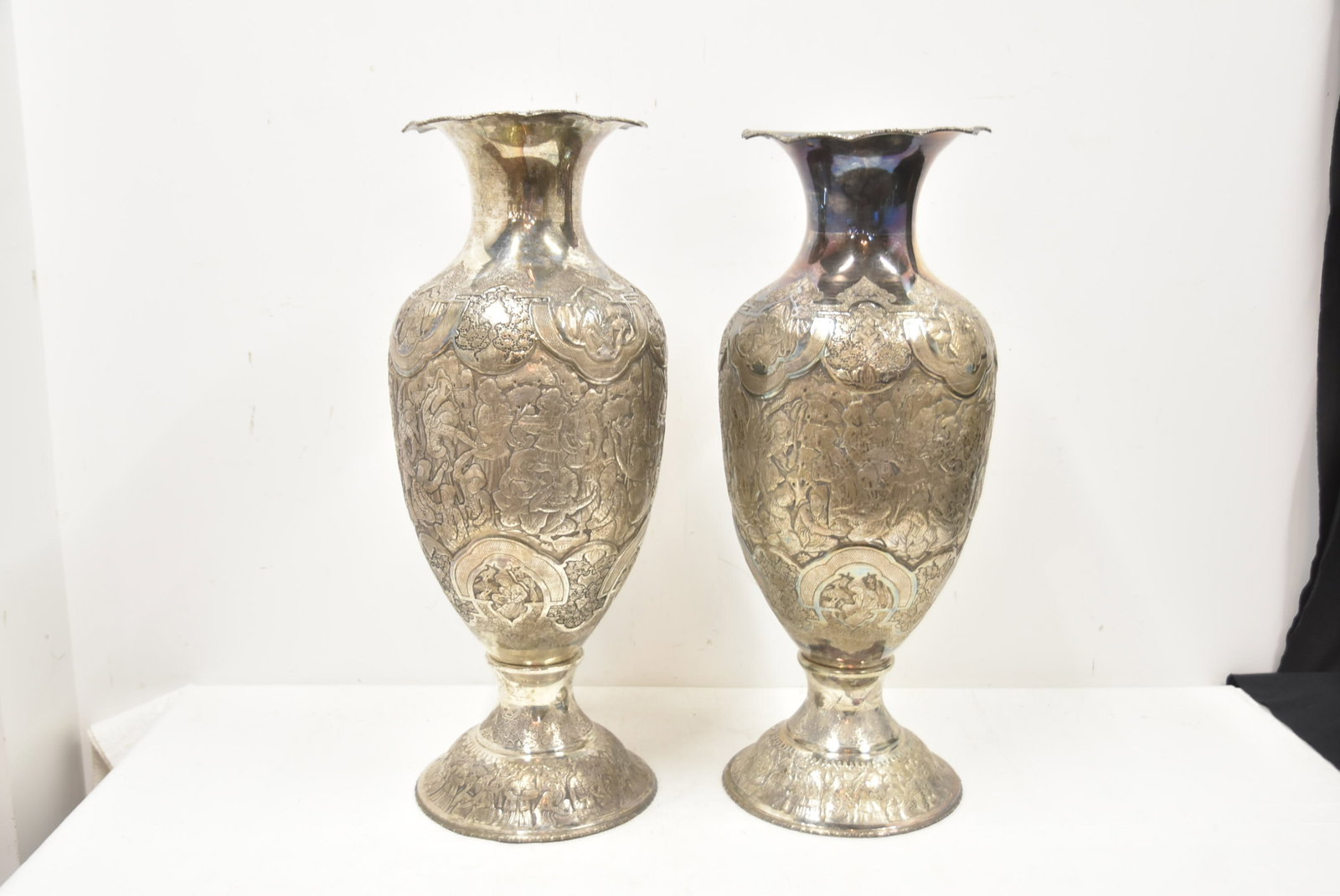 PAIR PALATIAL PERSIAN SILVER REPOUSSE VASES - 2