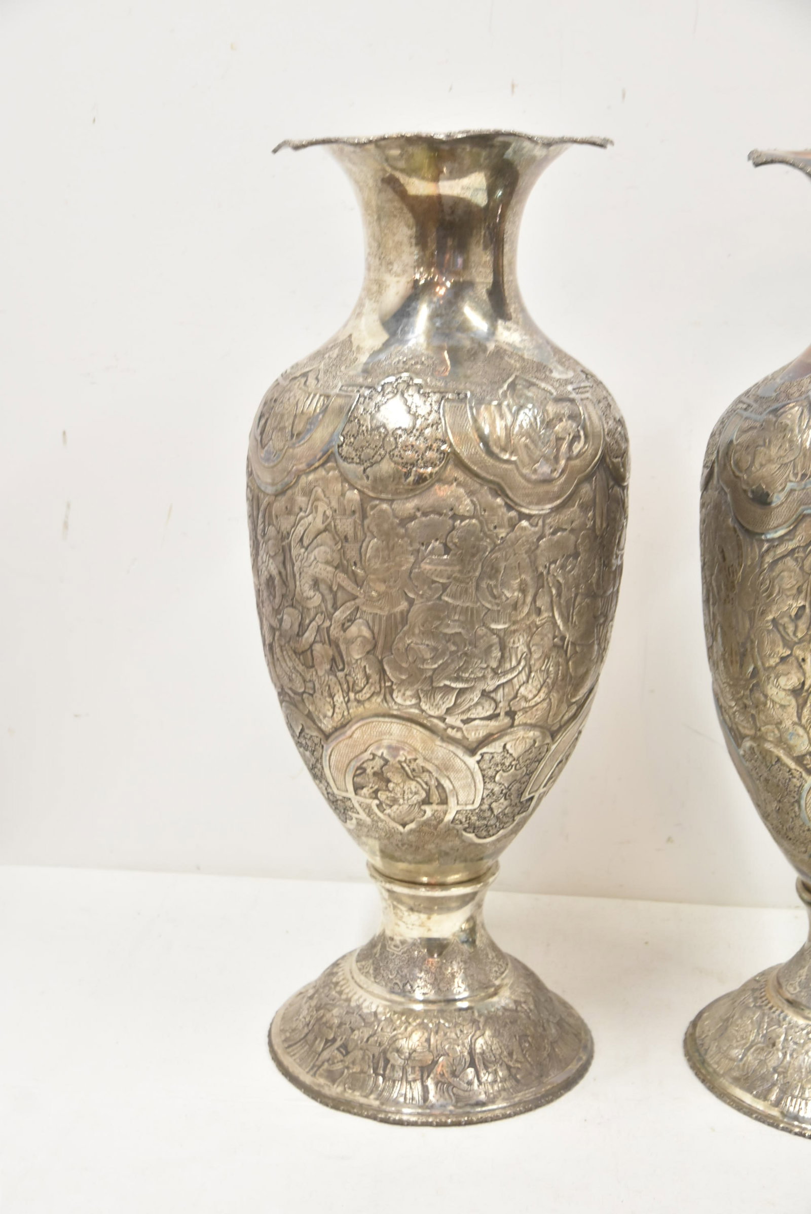 PAIR PALATIAL PERSIAN SILVER REPOUSSE VASES - 3
