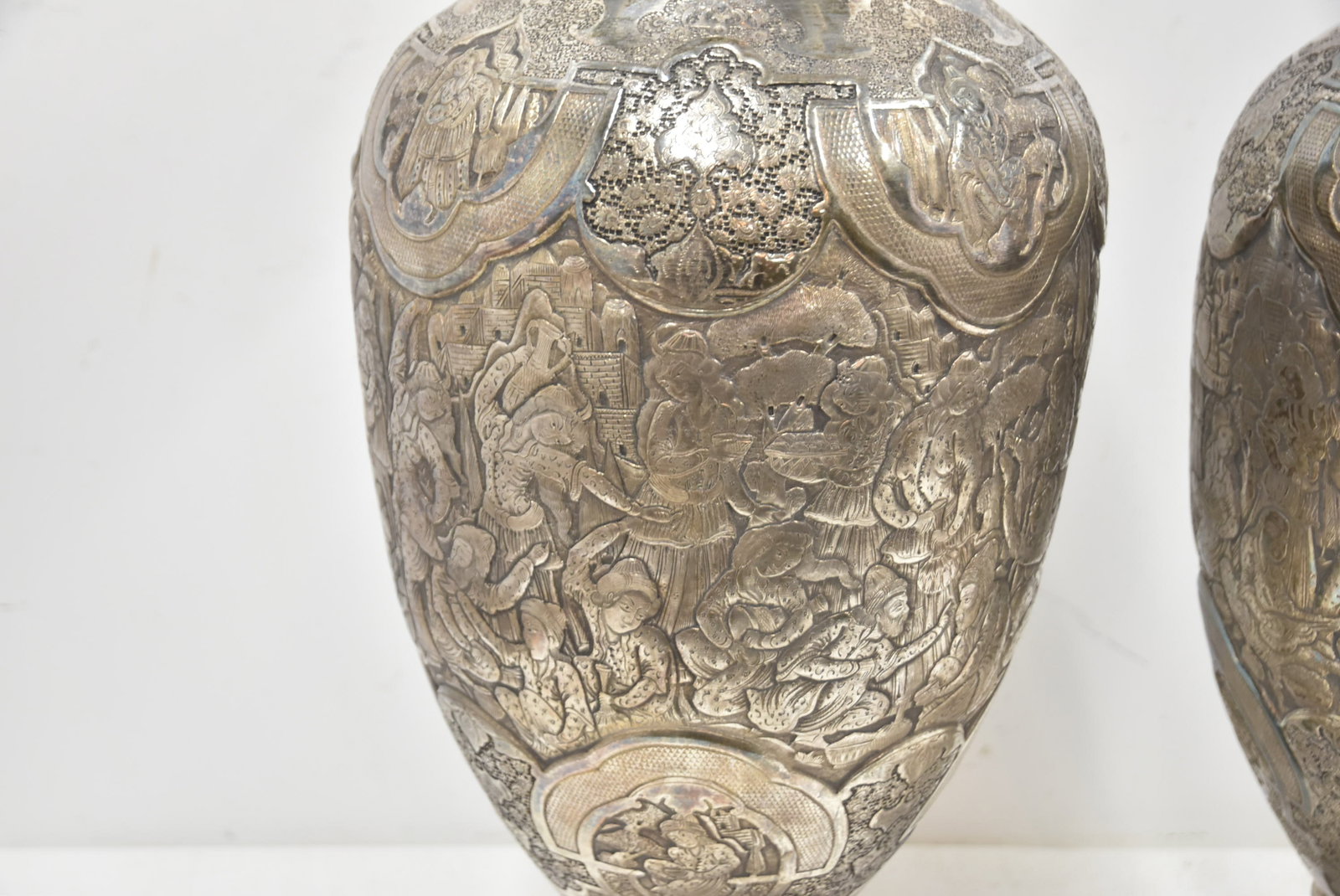 PAIR PALATIAL PERSIAN SILVER REPOUSSE VASES - 4