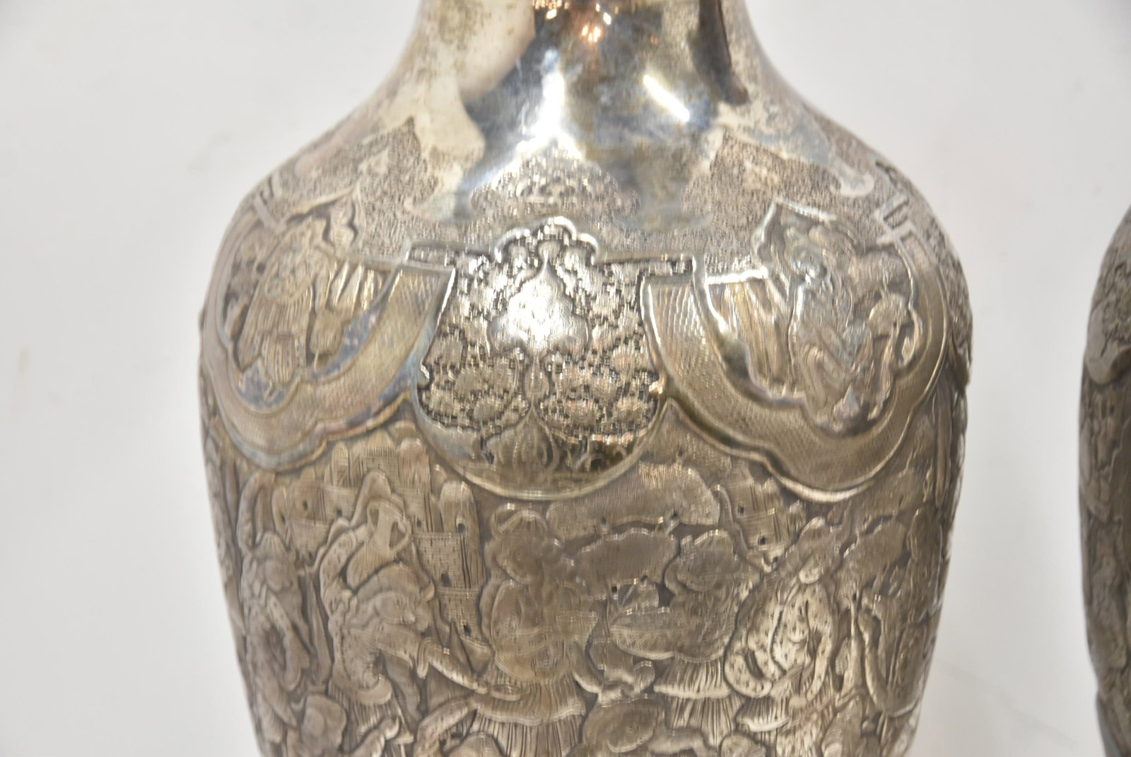 PAIR PALATIAL PERSIAN SILVER REPOUSSE VASES - 6