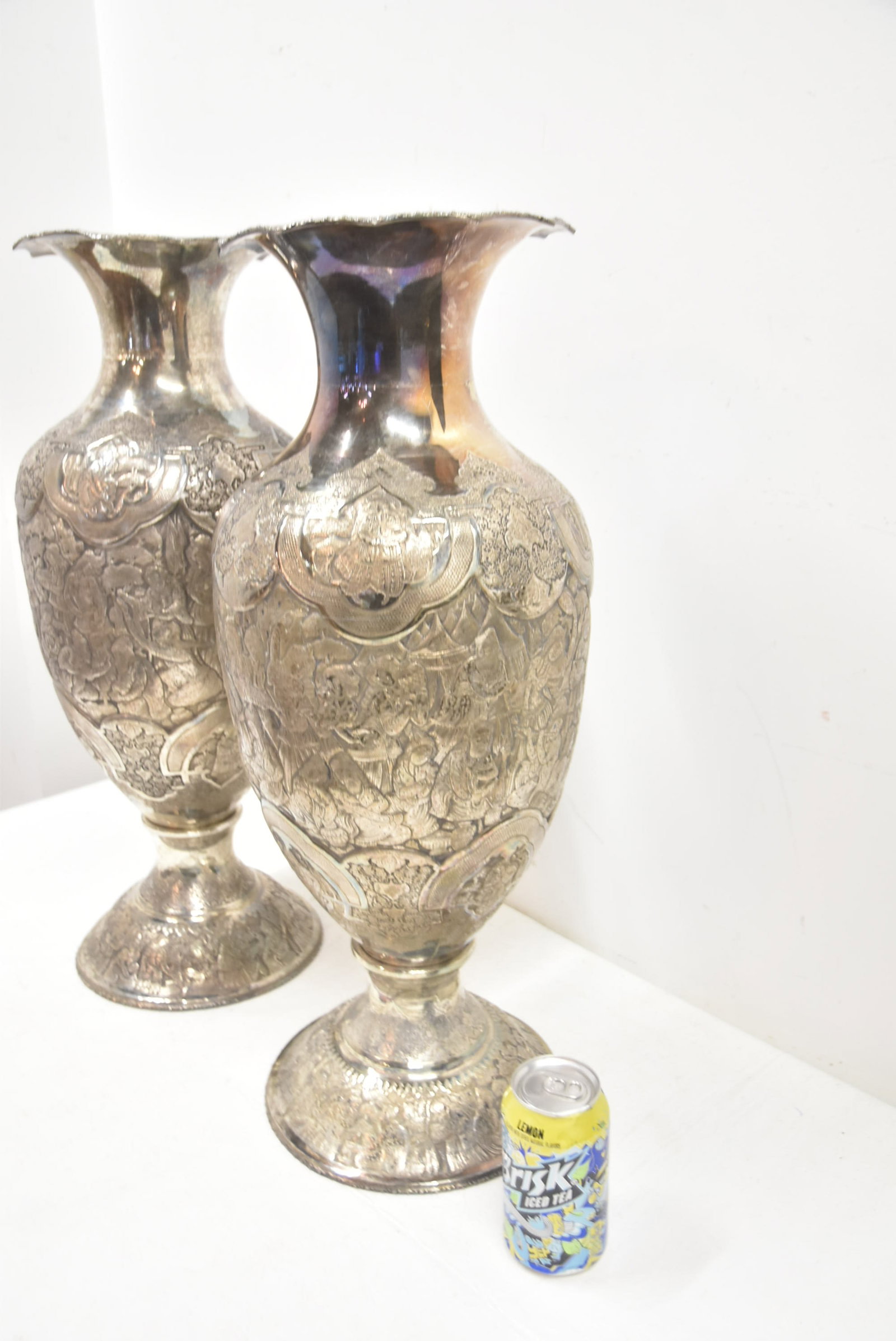 PAIR PALATIAL PERSIAN SILVER REPOUSSE VASES - 9