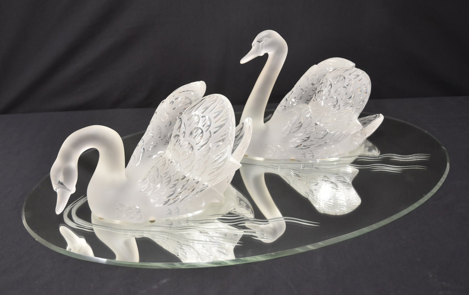 LARGE LALIQUE FROSTED CRYSTAL SWANS ON MIRROR (1 of 13)