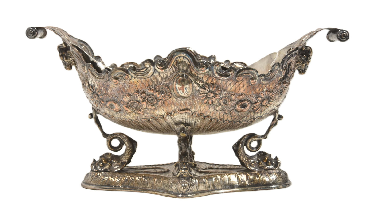 LARGE ANTIQUE SILVER PLATE CENTERPIECE: ATTRIBUTED TO ELKINGTON OR CHRISTOFLE LARGE ANTIQUE SILVER PLATE CENTERPIECE WITH SERPENTS ON NATURALISTIC BASE HOLDING BASKET WITH EMBOSSED FLOWERS & ROLLED HANDLES ; HAS REMOVABLE LINER 21" x 11 1/2