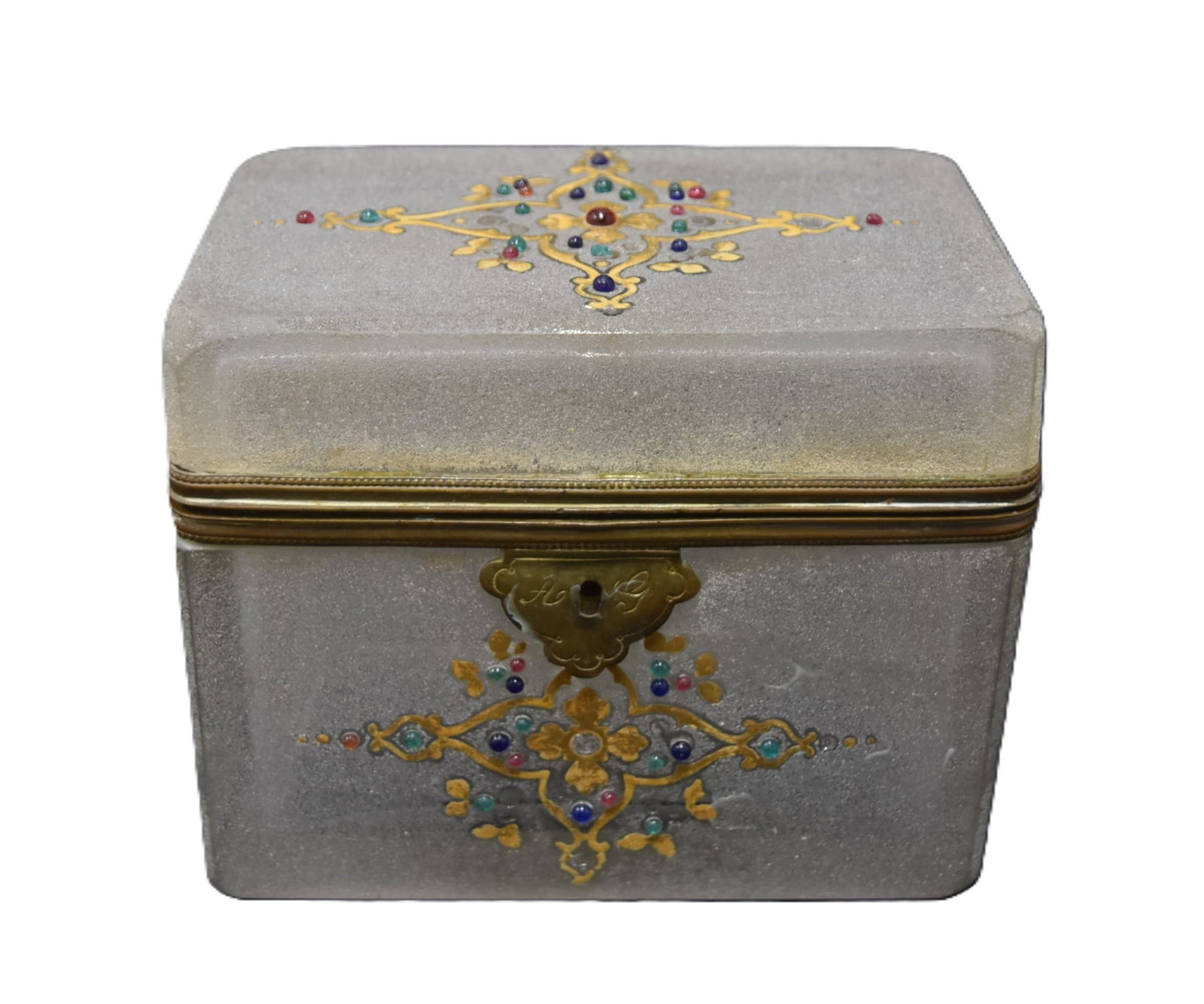 ANTIQUE BOHEMIAN JEWELED ICE CHIP BOX: ANTIQUE BOHEMIAN FROSTED GLASS JEWELRY CASKET BOX WITH BRONZE MOUNTS & RAISED JEWELS - 5 1/2" x 3 3/4" x 4 1/2"