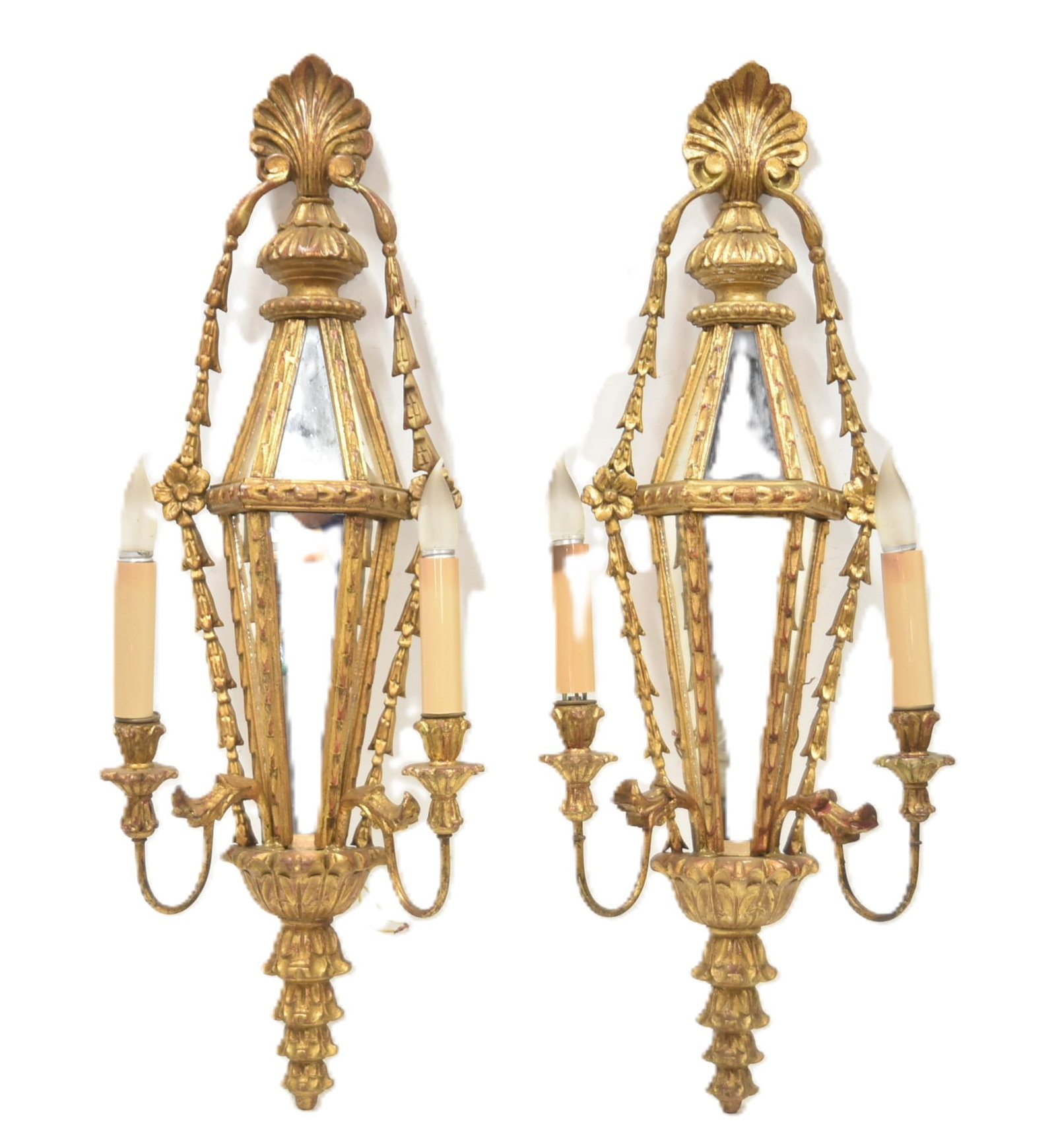 (Pr) FRENCH STYLE GILTWOOD MIRRORED SCONCES: PAIR FRENCH LXVI STYLE GILTWOOD MIRRORED 2-CANDLE WALL SCONCES WITH SHELL CARTOUCHE - 15" x 8" x 34" (THESE ARE MATCHING PAIR TO LOT 19)