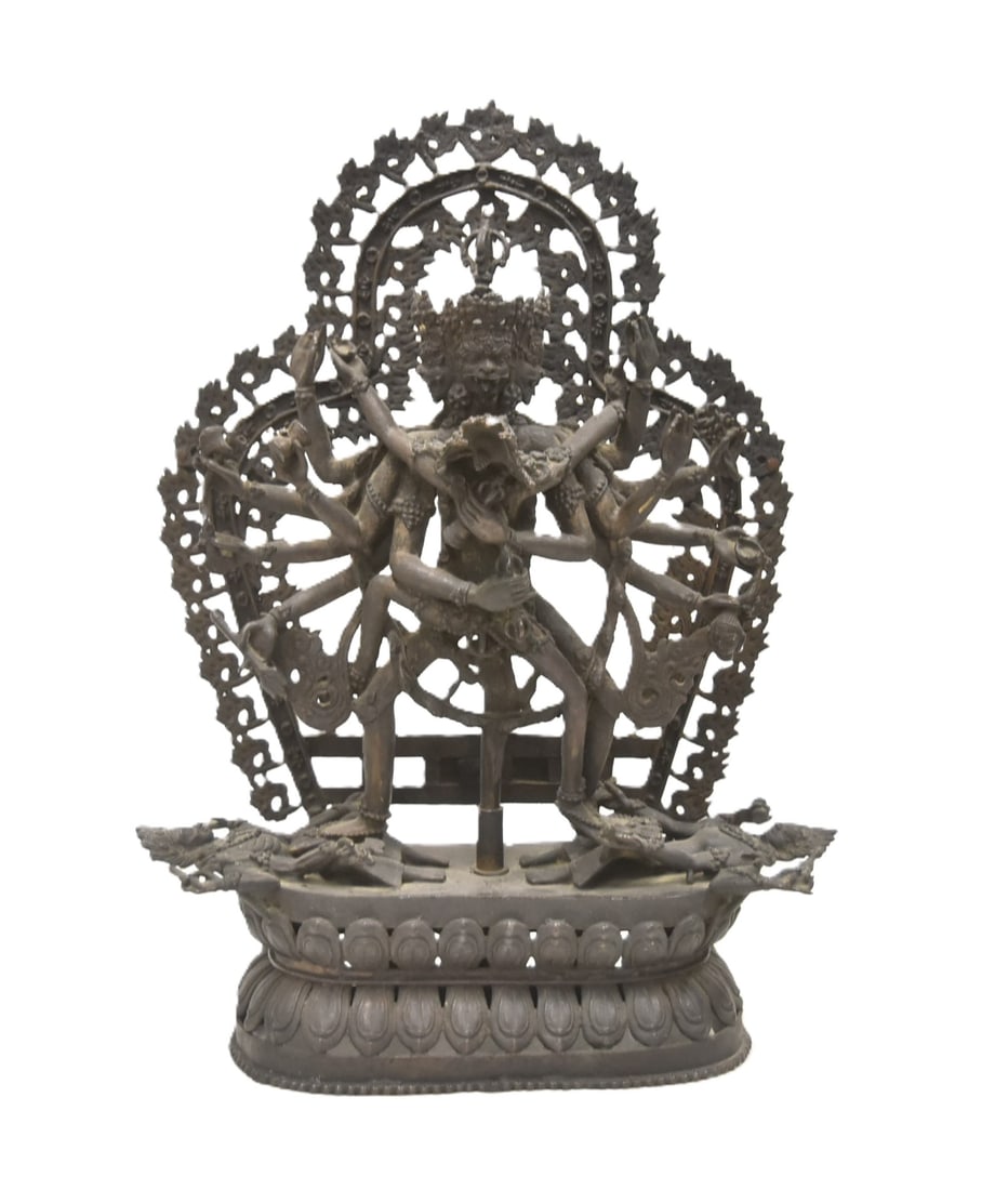 LARGE NEPALESE BRONZE BUDDHIST DIETY SCULPTURE: LARGE MULTI SECTION NEPALESE BRONZE BUDDHIST DIETY SCULPTURE OF CHAKRASAMVARA WITH HIS CONSORT VAJRAVARAHI IN YAB YUM - 16" x 6" x 21" BUDDHIST DIETY ; CHAKRAAMVARA IN YAB YUM