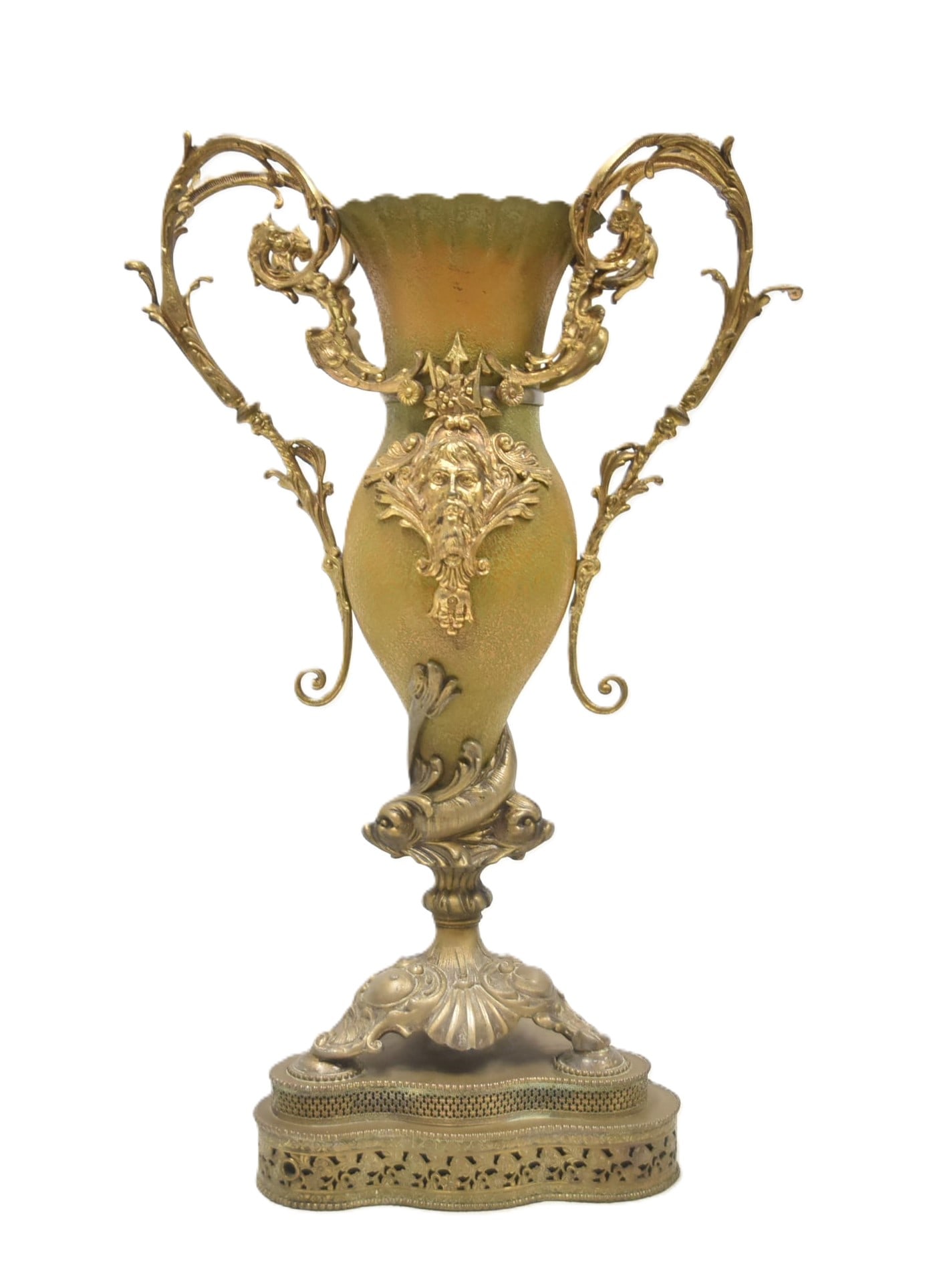 19thC BRADLEY & HUBBARD NEPTUNE VASE: 19thC B & H BRADLEY & HUBBARD NEPTUNE FIGURAL MANTEL GILT METAL & COPPER VASE with Ruffled Rim and Ornate Ormolu Scrolling Foliate Handles Featuring Lion Heads and Neptun Relief on Both Sides of Body