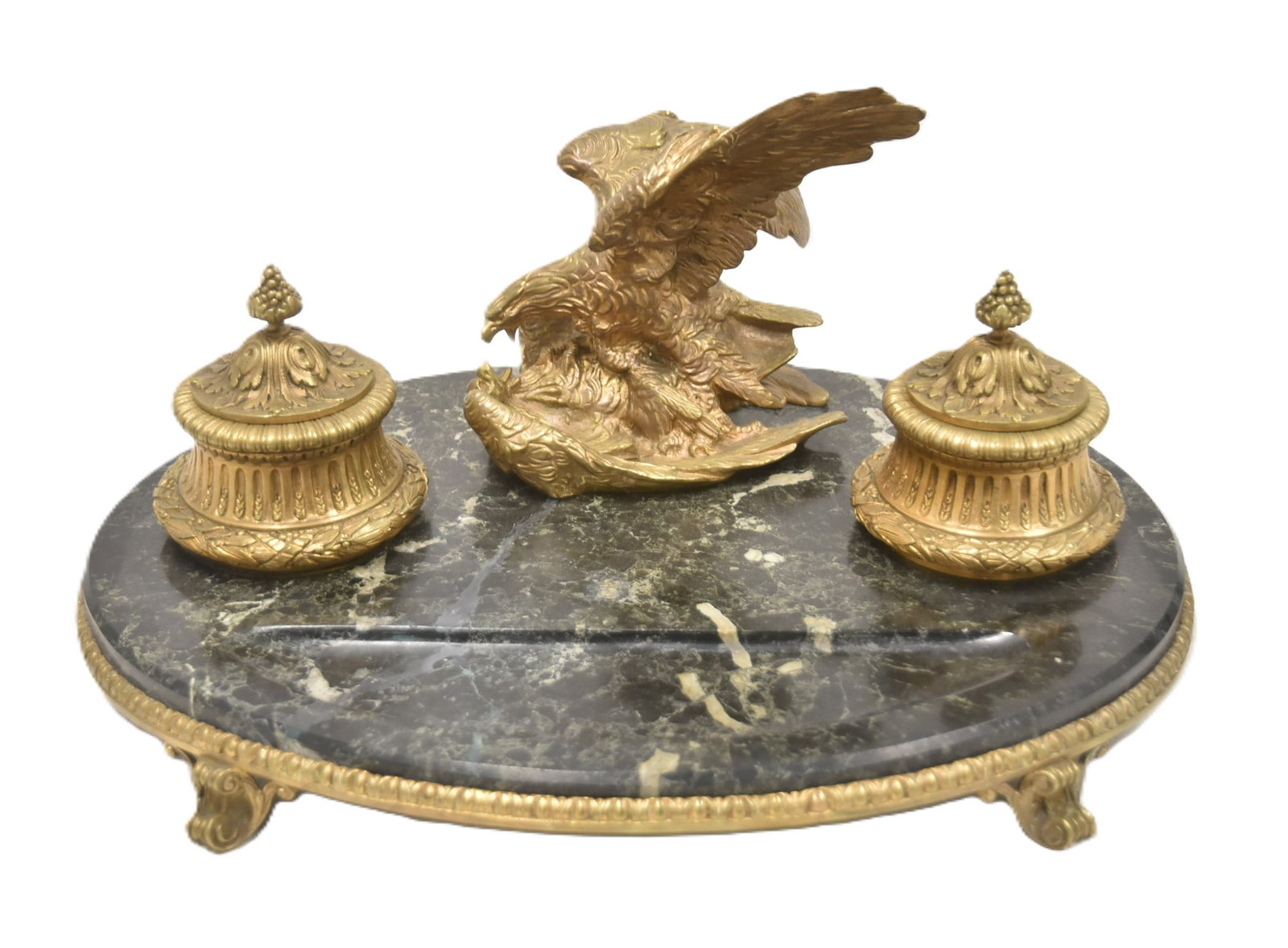 LARGE MARBLE & BRONZE EAGLE INKWELL (1 of 12)