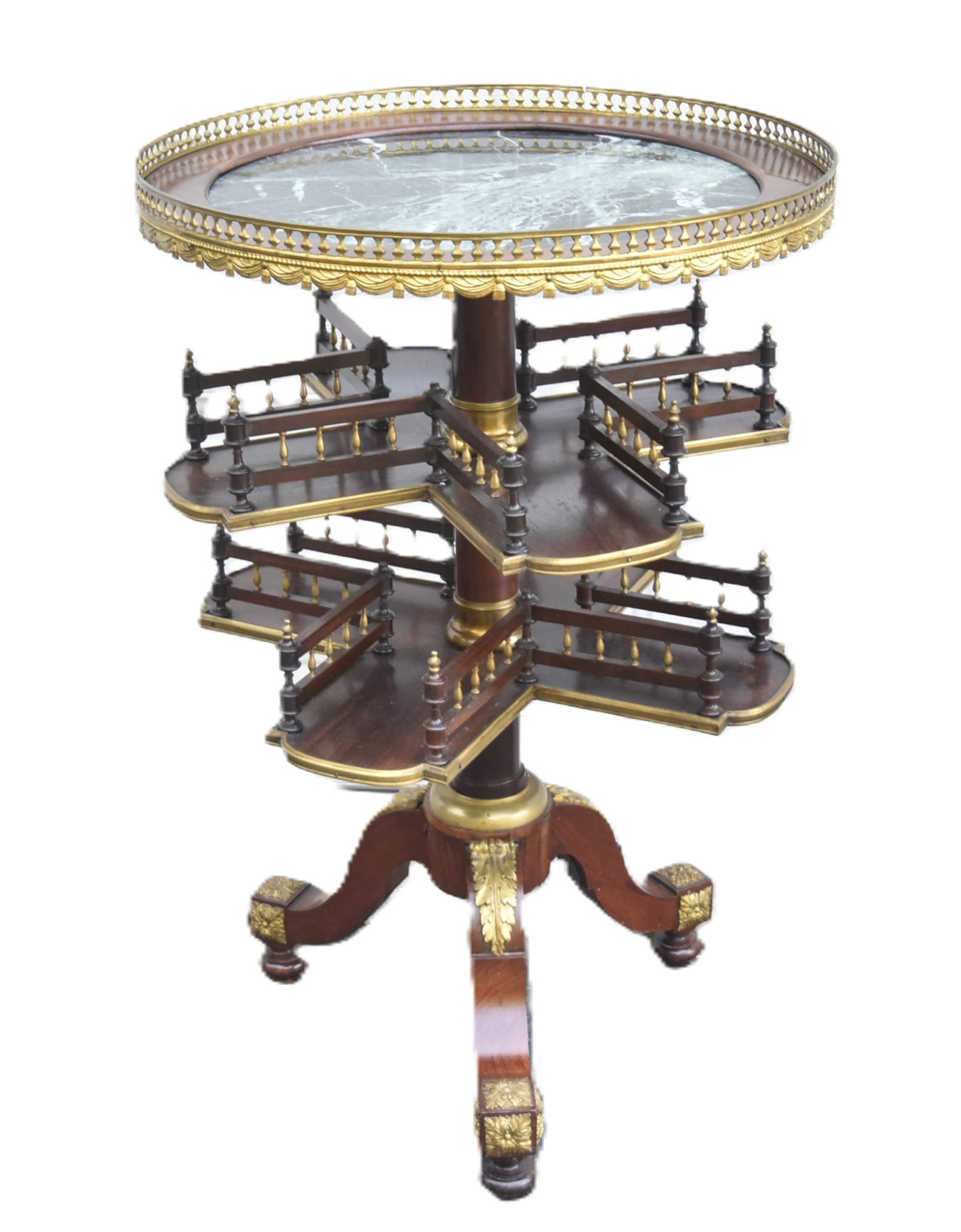 19thC BRONZE MOUNTED BOOK CAROUSEL TABLE: LATE 19th CENTURY FRENCH SWIVEL MARBLE TOP BOOK TABLE CAROUSEL BIBLIOTHECHE WITH ROTATING SHELVES WITH BALUSTRADES & BRONZE MOUNTS GREEN MARBLE TOP- 21" x 32" (PLEASE NOTE THIS ITEM IS BEING SOLD AT