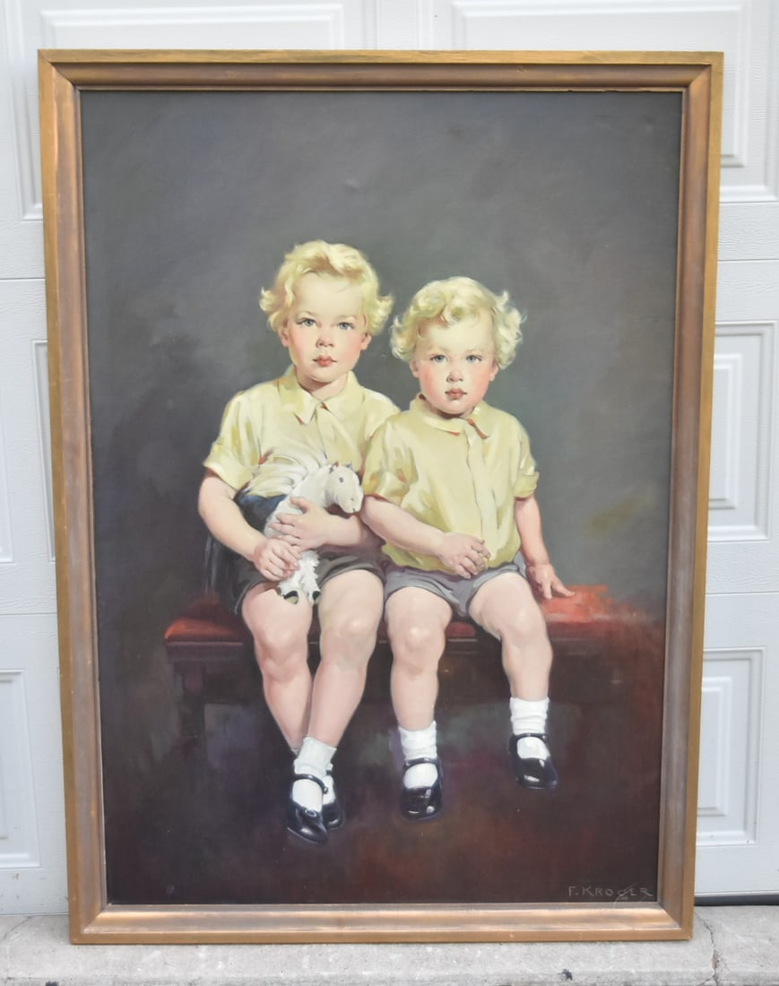 FLORENCE KROGER , OIL ON CANVAS ILLUSTRATION: FLORENCE KROGER (California/Ohio, 1897-1980) LARGE OIL ON CANVAS ILLUSTRATION PAINTING DEPICTING SEATED BROTHERS HOLDING TEDDY BEAR - OIL IS 35" x 50" ; 39" x 54" OVERALL FRAMED (PLEASE NOTE THIS ITEM