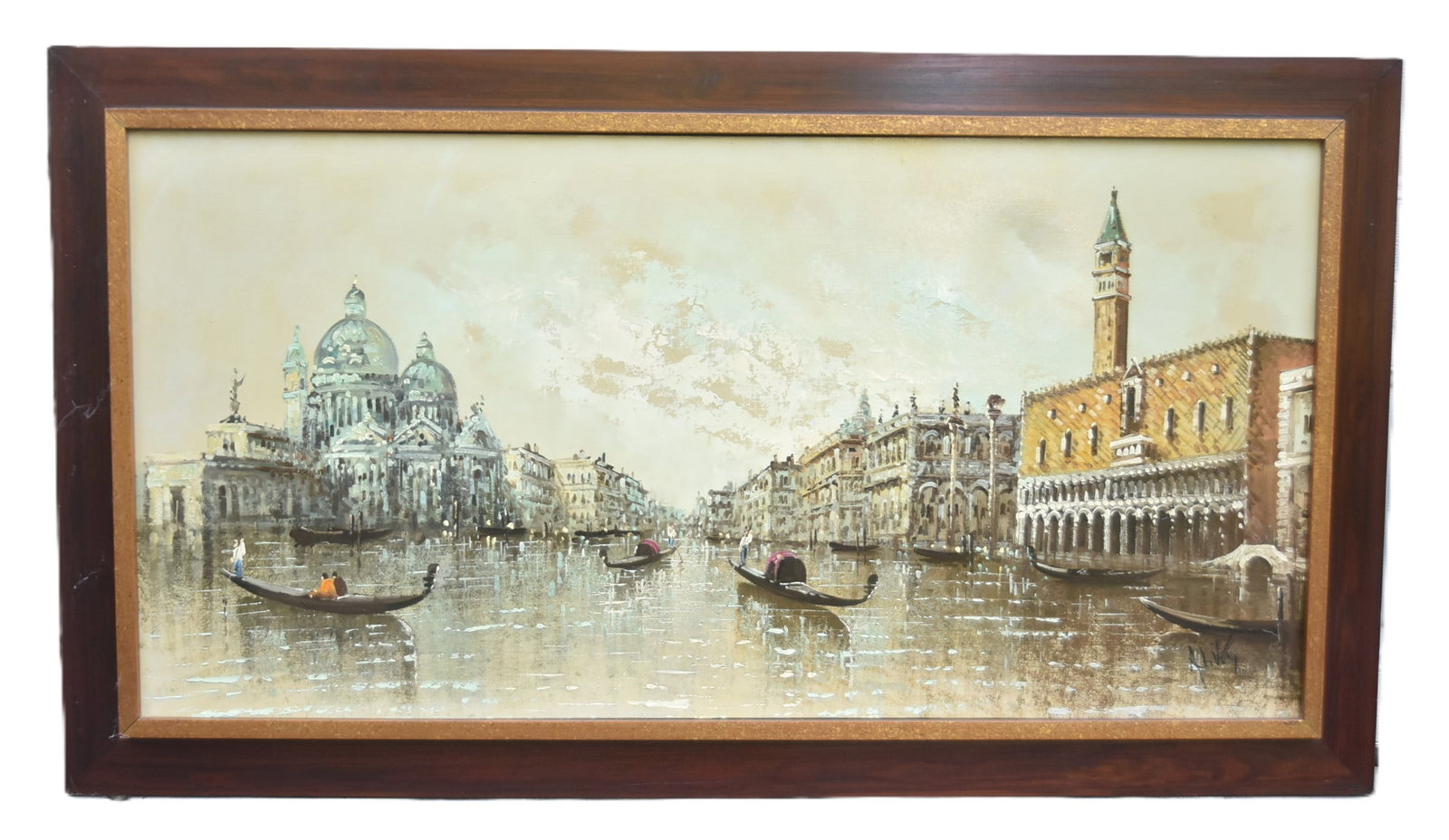 ANTONIO DEVITY , OIL ON CANVAS VENICE GRAND CANAL: ANTONIO DEVITY (ITALY, 1901-1993) ITALIAN OIL ON CANVAS VENICE GRAND CANAL SCENE , SIGNED DEVITY , LOWER RIGHT WITH DEVITY STUDIO STAMP ON BACK OIL IS 48" x 24" ; 54" x 30 1/2" OVERALL (PLEASE NOTE TH
