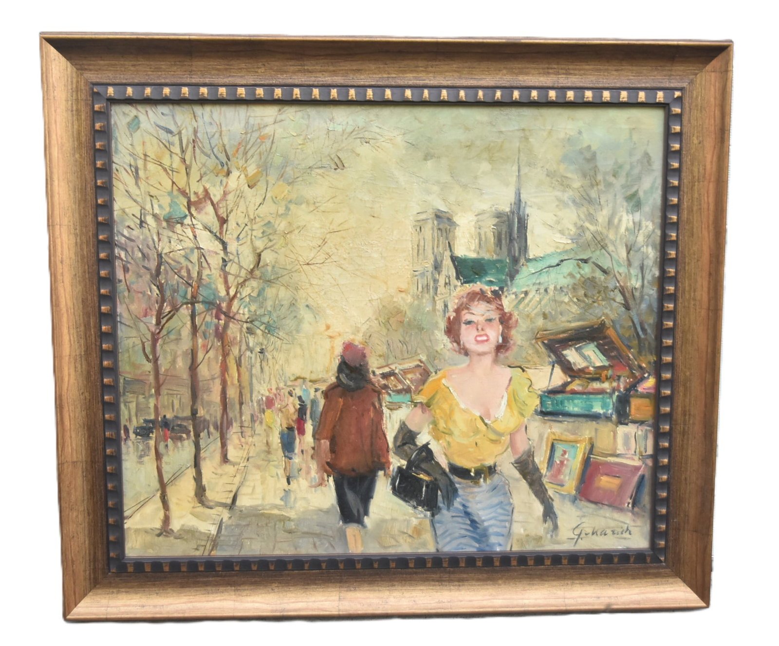 FRENCH POST IMPRESSIONIST OIL ON CANVAS STREET: MID CENTURY FRENCH IMPRESSIONIST OIL ON CANVAS WOMAN IN STREET SCENE , SIGNED 24" x 20" ; 30" x 26" OVERALL (PLEASE NOTE THIS ITEM IS BEING SOLD AT AN OFF SITE LOCATION & PREVIEW IS UNAVAILABLE ; AFTE