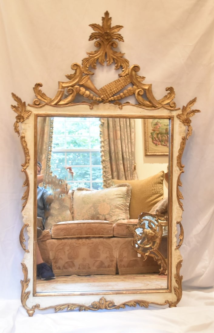 ANTIQUE ITALIAN PAINTED & GILT MIRROR: ANTIQUE ITALIAN CARVED WOOD MIRROR WITH PAINTED & GILT ACCENTS ; MARKED MADE IN ITALY INVERSO - 33" x 53" (PLEASE NOTE THIS ITEM IS BEING SOLD AT AN OFF SITE LOCATION & PREVIEW IS UNAVAILABLE ; AFTER 