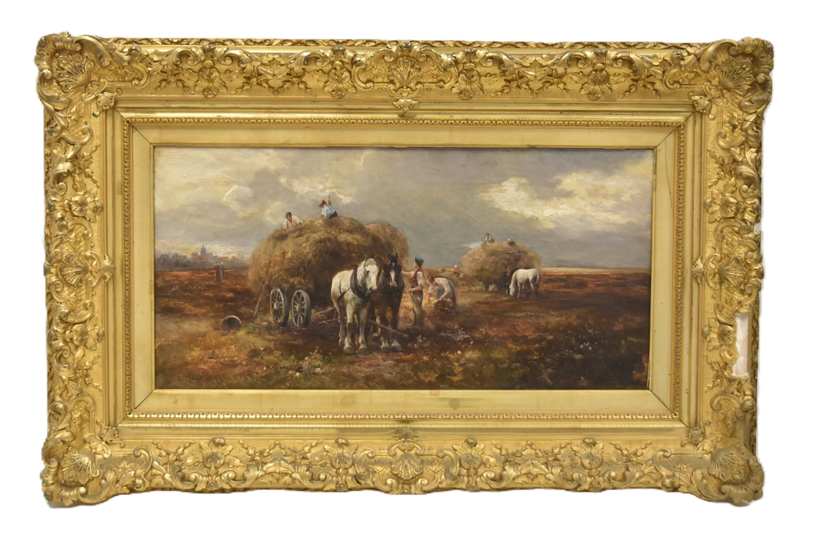 19thC OIL ON CANVAS HARVEST FARMING SCENE: POSSIBLY GERMAN 19th CENTURY OIL ON CANVAS TITLED HARVEST TIME , INVERSO DEPICTING HORSE DRIVEN HAYWAGON & FIGURES HARVESTING THE LAND SIGNED F BURK.... LOWER LEFT SET IN PERIOD ANTIQUE GILT GESSO OVE