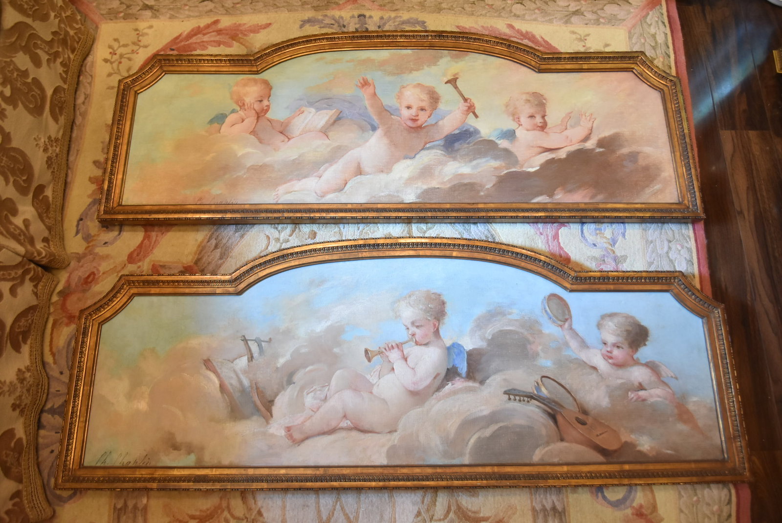 (Pr) CHARLES JOSHUA CHAPLIN DOORWAY PAINTINGS: CHARLES JOSHUA CHAPLIN (FRENCH, 1825-1891) PAIR FRENCH CELESTIAL SCENE OIL ON CANVAS OVER THE DOORWAY PAINTINGS OF CHERUBS FROLICKING AMONGST CLOUDS & PLAYING INSTRUMENTS , SIGNED CH CHAPLIN OIL SIZE 