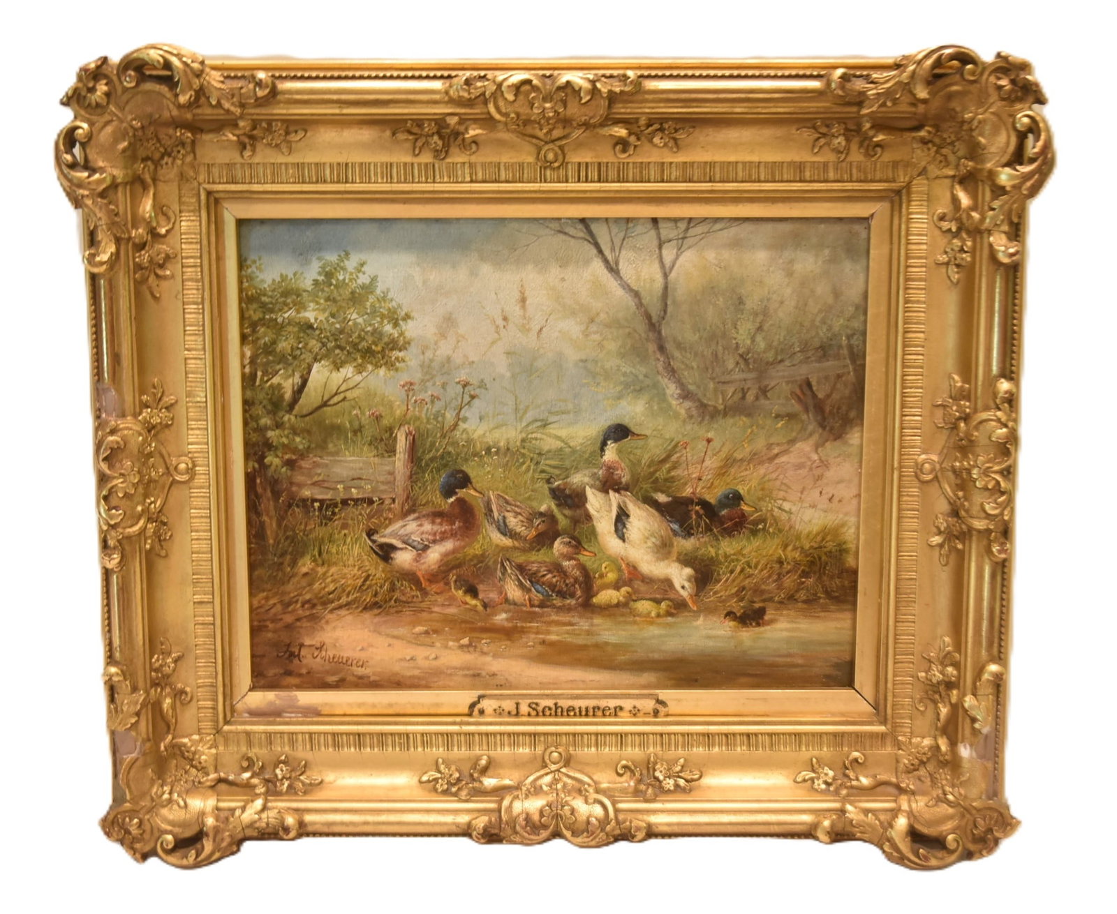 JULIUS SCHEUERER , OIL ON PANEL BARNYARD DUCKS (1 of 13)