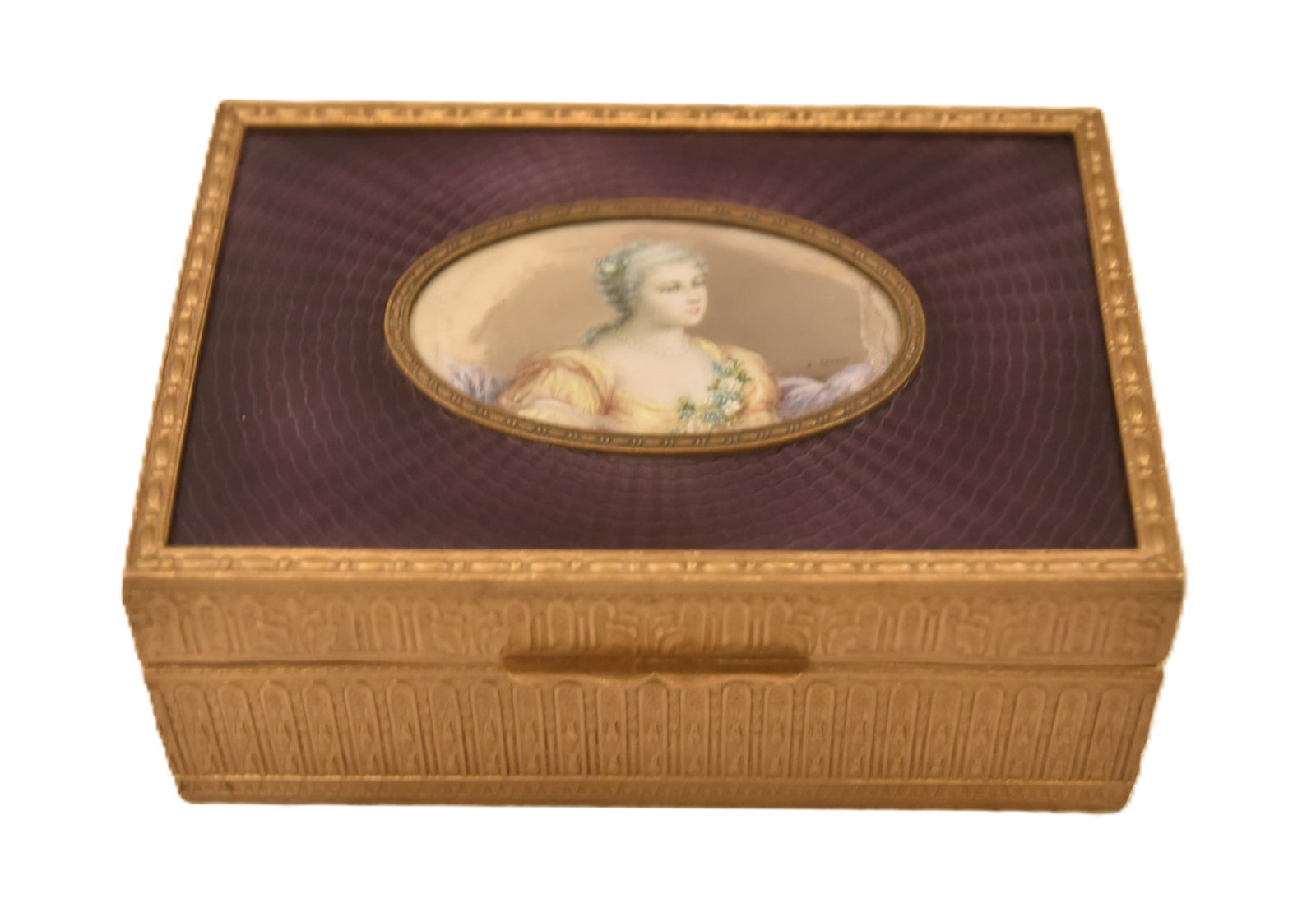 FRENCH GILT BRONZE & GUILLOCHE PORTRAIT BOX: ANTIQUE FRENCH GILT BRONZE RECTANGULAR BOX WITH PURPLE GUILLOCHE ENAMEL SURROUNDED HAND PAINTED MINIATURE PORTRAIT ; ARTIST SIGNED ; MARKED MADE IN FRANCE - 5" x 3 1/2" x 2"PLEASE NOTE THIS ITEM IS BE