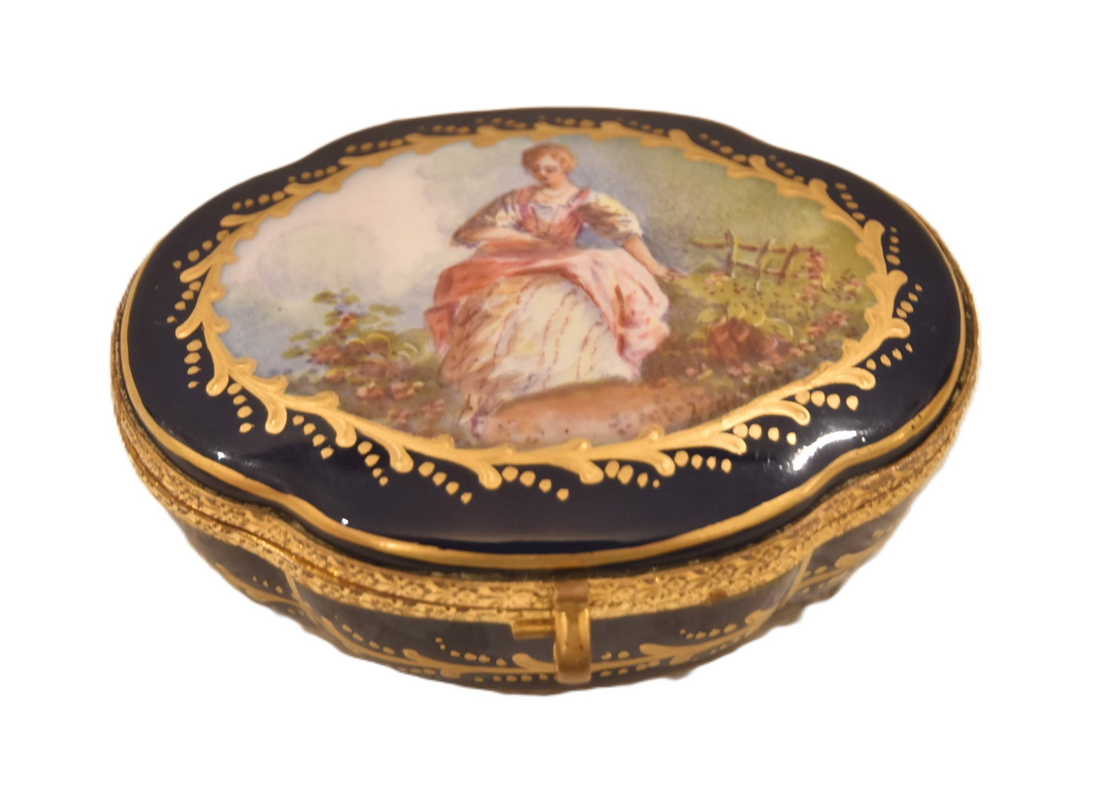 OVAL SEVRES STYLE HAND PAINTED PORCELAIN BOX: OVAL CHATEAU TUILERIES SEVRES HAND PAINTED PORCELAIN WITH COURTING SCENES - 4 1/2' x 3 1/2" x 2"