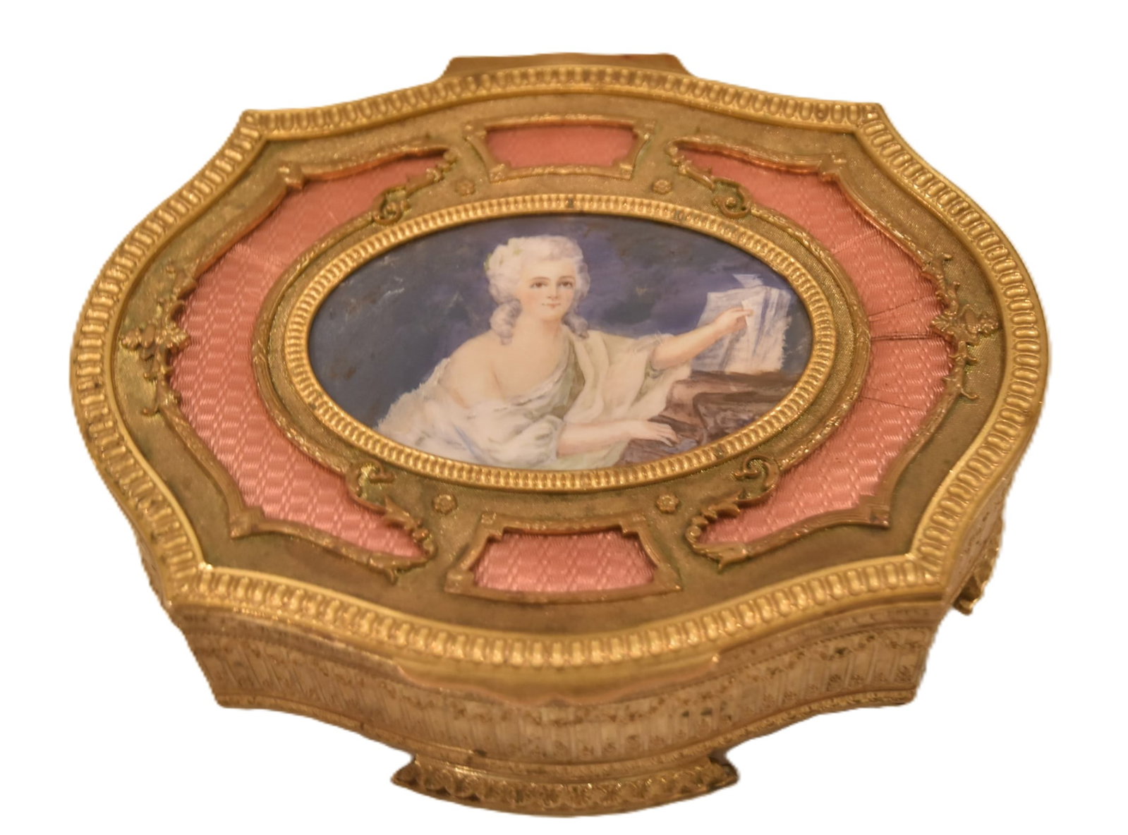 FRENCH BRONZE & GUILLOCHE ENAMEL BOX: ANTIQUE FRENCH GILT BRONZE DRESSER BOX WITH PINK GUILLOCHE ENAMEL SURROUNDED MINIATURE PAINTING OF WOMAN PLAYING THE PIANO , ARTIST SIGNED - 6 1/4" x 5" x 2" (FEW LINES IN THE ENAMEL)