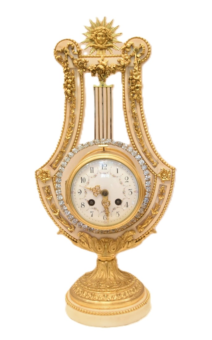 FRENCH LXVI GILT BRONZE & MARBLE LYRE CLOCK (1 of 14)
