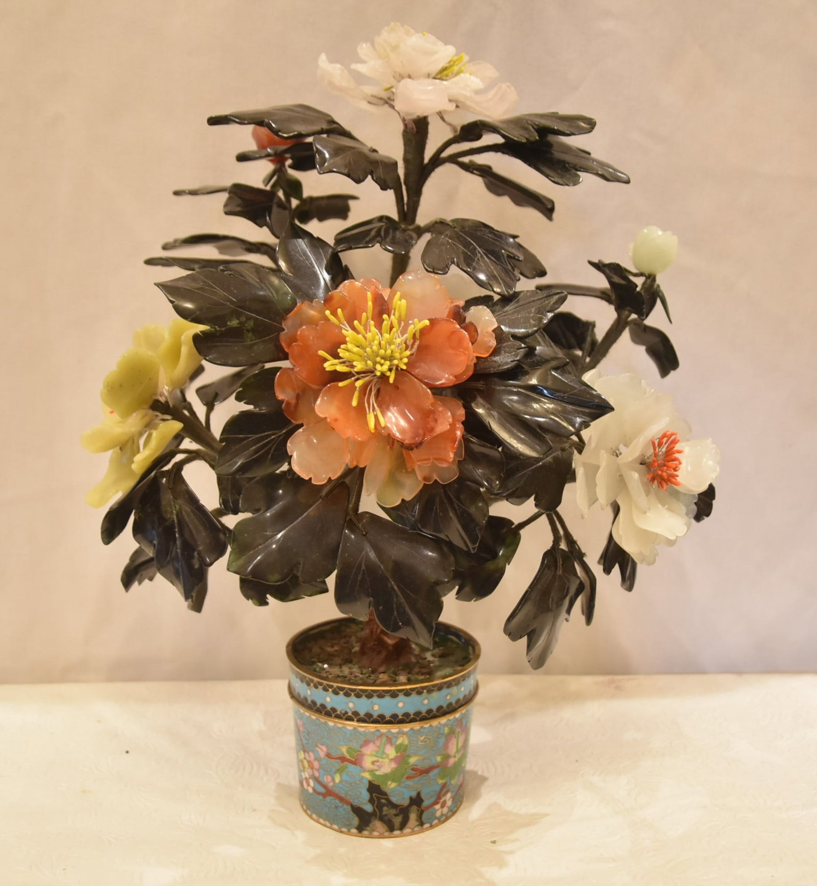LARGE CHINESE SEMI PRECIOUS STONE & CLOISONNE TREE: LARGE CHINESE SEMI PRECIOUS STONE PEONY TREE WITH CLOISONNE ENAMEL PLANTER BASE - 12" x 9" x 15" (PLEASE NOTE THIS ITEM IS BEING SOLD AT AN OFF SITE LOCATION & PREVIEW IS UNAVAILABLE ; AFTER SALE ARRA