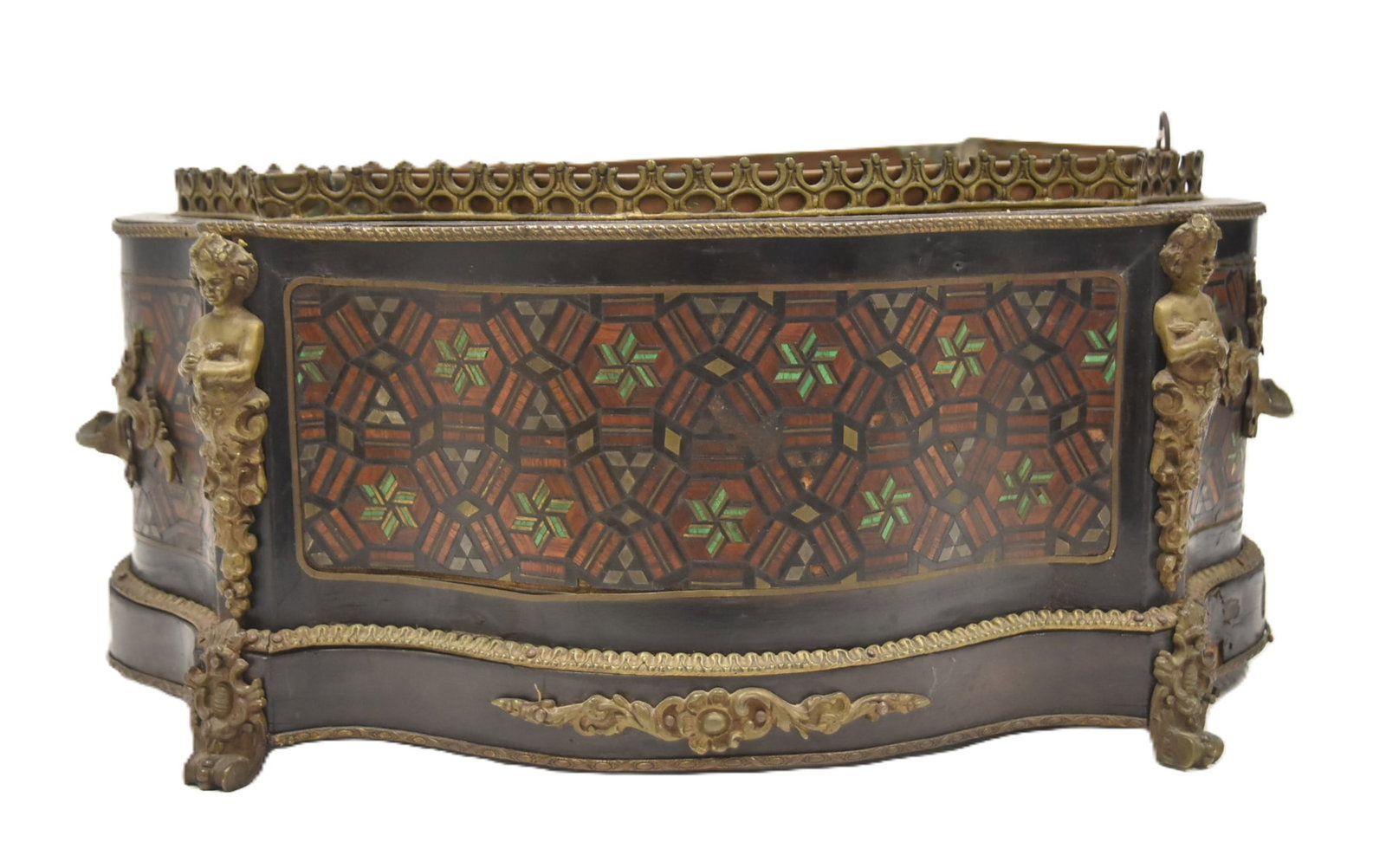 19thC NAPOLEON III BRONZE MOUNTED PLANTER: 19th CENTURY NAPOLEON III EBONISED JARDINIERE PLANTER WITH BRONZE MOUNTS & PARQUETRY INLAID GEOMETRIC DESIGNS - 17" x 11" x 8" (SOME LOSS & MISSING FOOT)