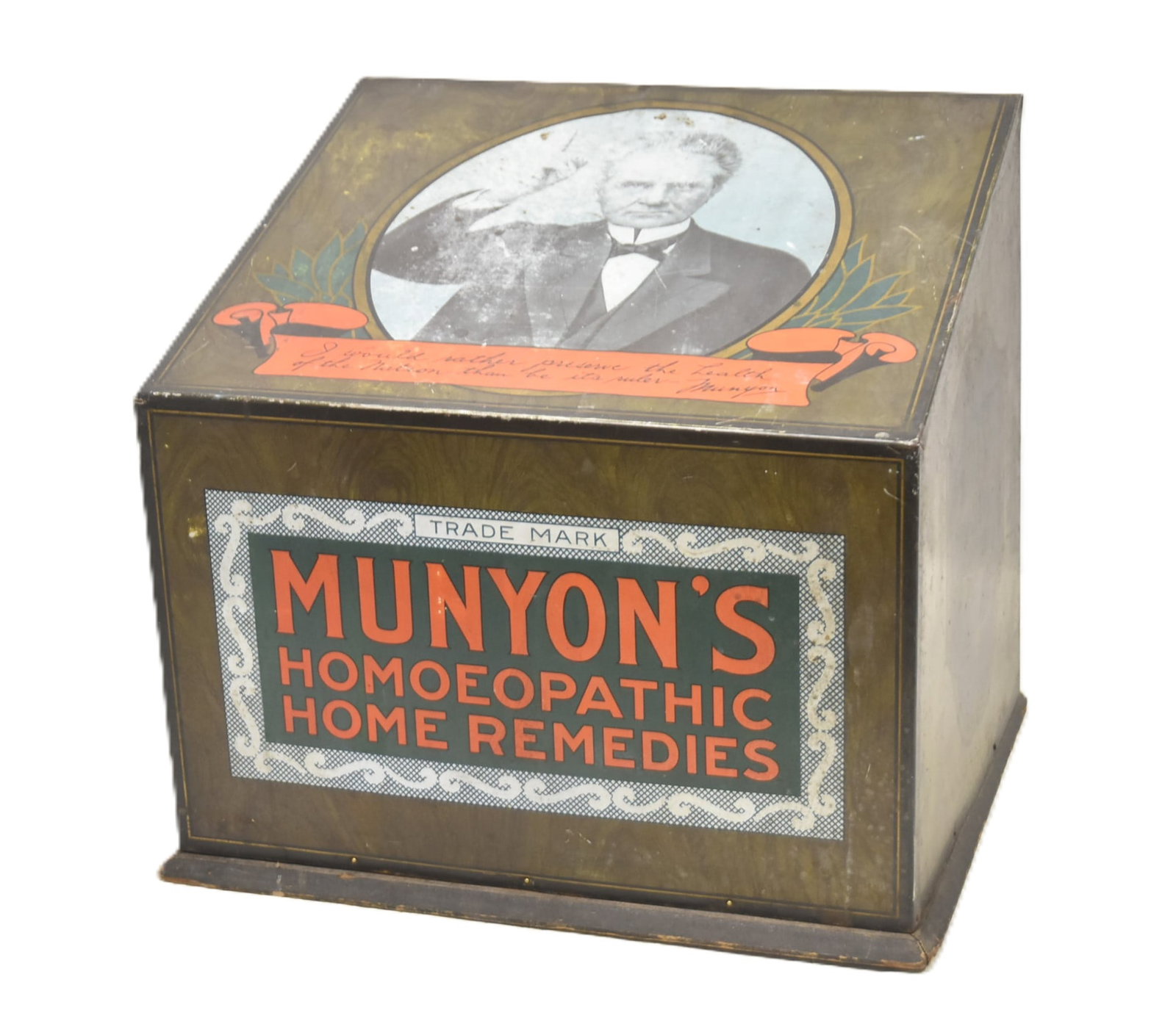 ANTIQUE Dr J.M. MUNYON HOMEOPATHIC STORE DISPLAY: TIN COUNTRY STORE COUNTER ADVERTISING DISPLAY FOR Dr J.M. MUNYON'S HOMEOPATHIC HOME REMEDIES ; MADE BY AMERICAN ART WORKS OHIO ; QUOTE ON LD "I WOULD RATHER PRESERVE THE HEALTH OF A NATION THAN BE