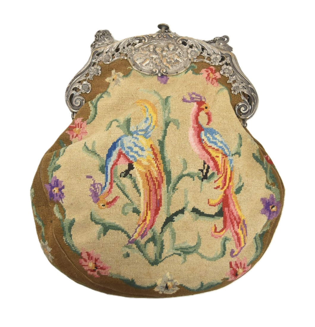 ANTIQUE PETITE POINT & SILVER EVENING BAG: ANTIQUE PETITE POINT NEEDLEWORK EMBROIDERY EVENING BAG WITH COLORFULL BIRDS & FLOWERS ; WITH SILVERED FRAME HAVING CHERUBS & ANGELS - 8" x 9" WITHOUT CHAIN