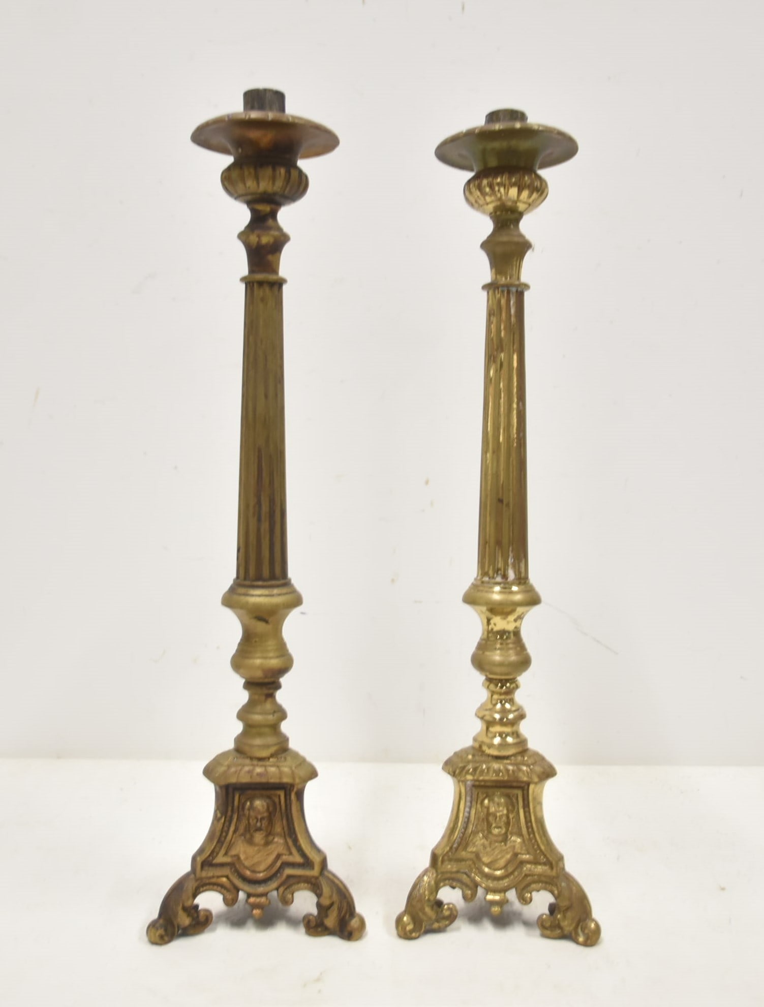 PAIR BRONZE ALTER STICKS: (Pr) ANTIQUE BRONZE ALTER STICKS WITH TRIPOD BASE WITH FIGURES OF MARY , JOSEPH & JESUS - 5 x 19"