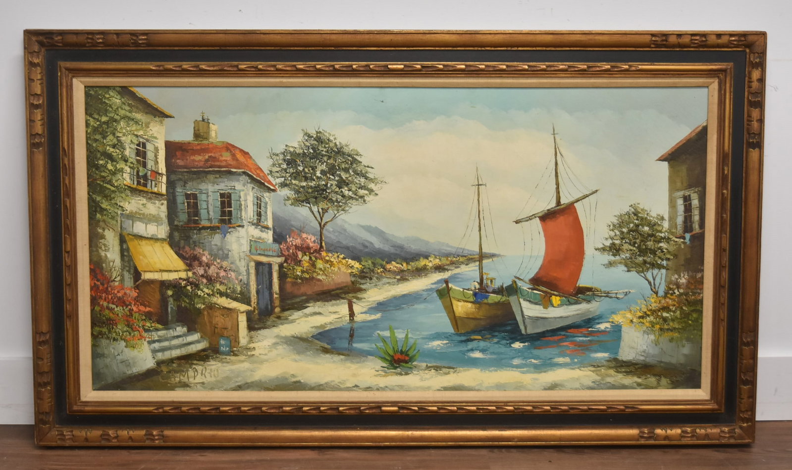 GIOVANNI CAMPRIO , ITALIAN OIL ON CANVAS: GIOVANNI CAMPRIO (ITALY, 1915-1999) OIL ON CANVAS BOATS BY SHORE SIGNED CAMPRIO , LOWER LEFT 48" x 24" ; 56" x 32" OVERALL