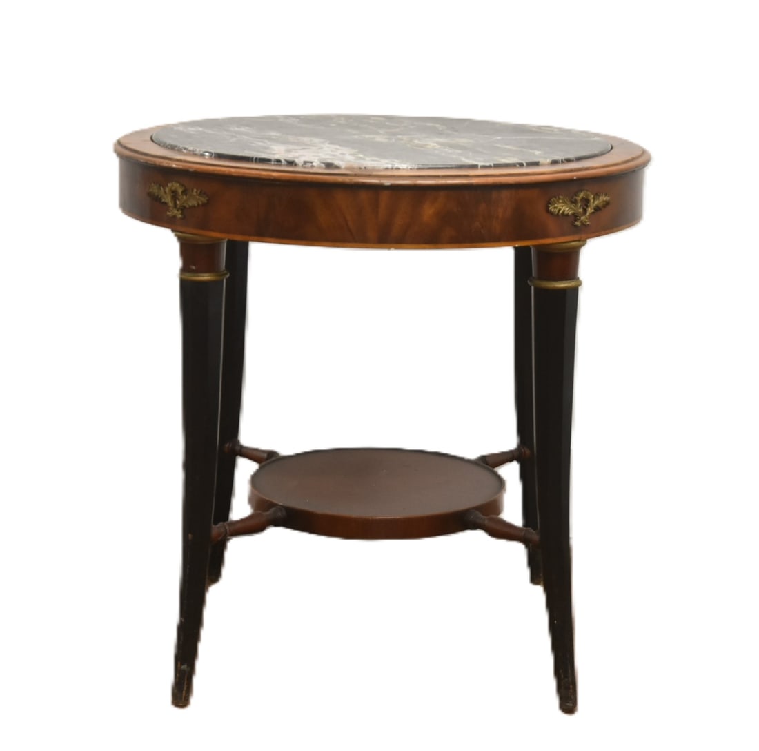WEIMAN HEIRLOOM MARBLE TOP SIDE TABLE: WEIMAN HEIRLOOM ROUND MAHOGANY MARBLE TOP SIDE TABLE WITH BOTTOM GALLERY & EBONISED LEGS - 26 1/2" x 27" (SOME FINISH WEAR)