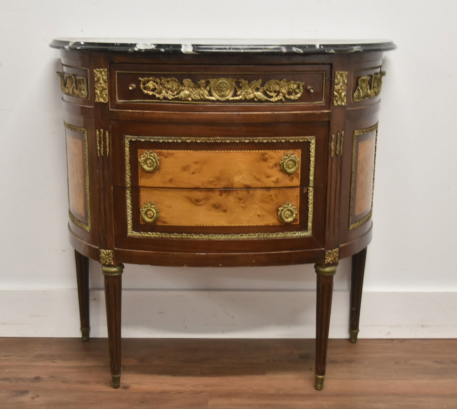 FRENCH STYLE MARBLE TOP CHEST WITH BRONZE MOUNTS: FRENCH STYLE MARBLE TOP CHEST WITH BRONZE MOUNTS & (2) DRAWERS - 33 1/2" x 15" x 32 1/2"