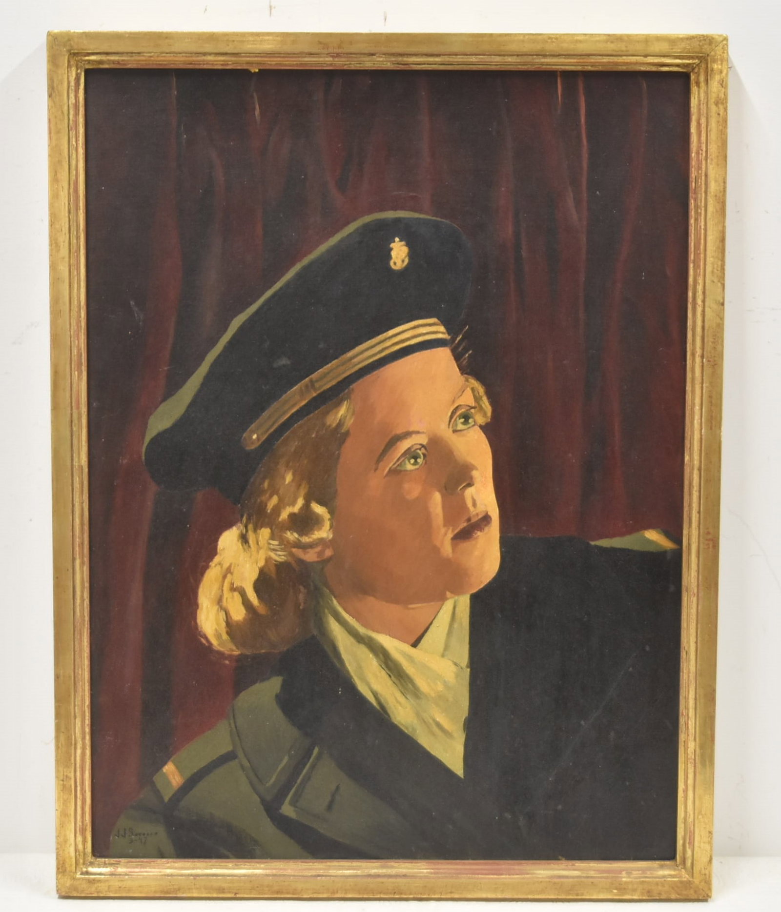US NAVY RECRUITMENT ILLUSTRATION OIL ON BOARD OF FEMALE: ANTIQUE OIL ON BOARD ILLUSTRATION OF FEMALE NAVY OFFICER , SIGNED JJ SOROCO ? , 3 / 47' LOWER LEFT IMAGE SIZE IS 17 1/2" x 23" ; 19 1/2" x 25" OVERALL FRAMEDMOST LIKELY ILLUSTRATION FOR FEMALE US NAVY