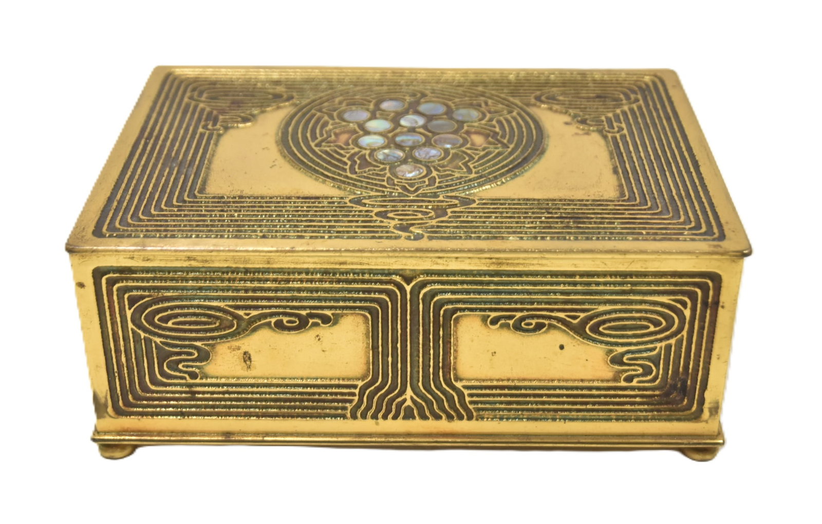 TIFFANY STUDIOS BRONZE & ABALONE BOX # 1174: TIFFANY STUDIOS "ABALONE" JEWELRY BOX GILT BRONZE JEWELRY BOX WITH ABALONE INLAY STAMPED TIFFANY STUDIOS , NEW YORK , 1174 ca 1915 - 6 1/2" x 4 1/2' x 2 1/2"
