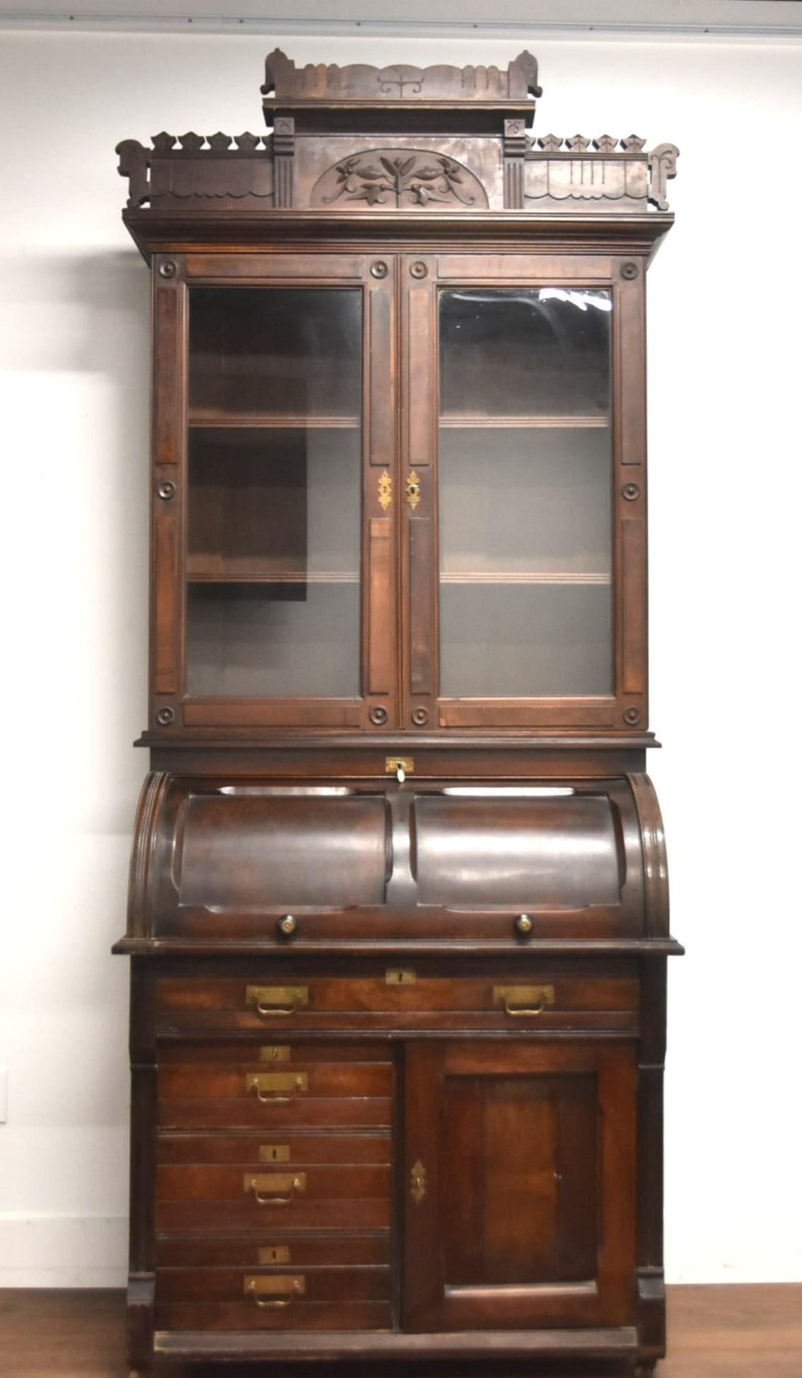 ANTIQUE WALNUT CYLINDER DESK BOOKCASE (1 of 15)
